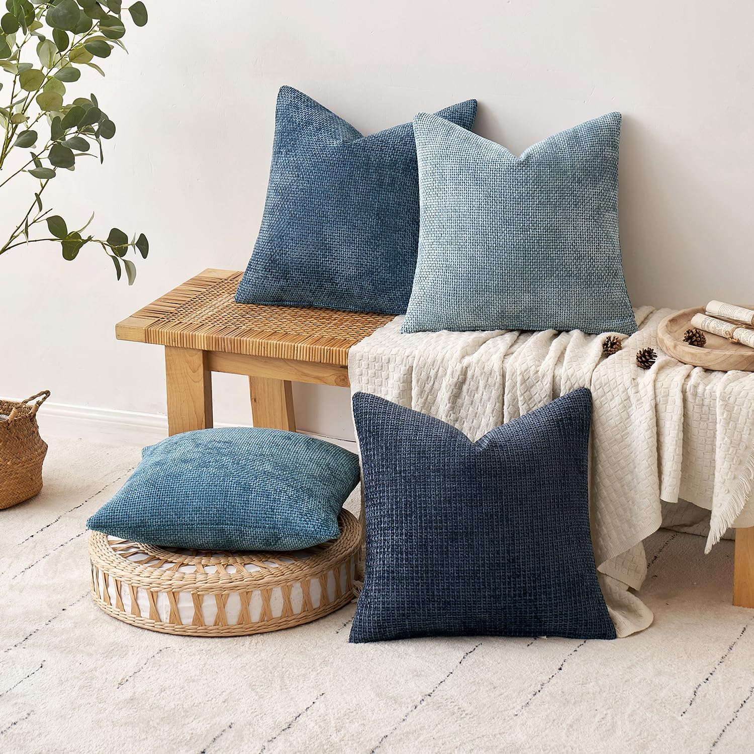 Couch Throw Pillow Covers Soft Decorative Chenille Pillow Covers / 18 x 18 / Neutral Blue / Set of 4
