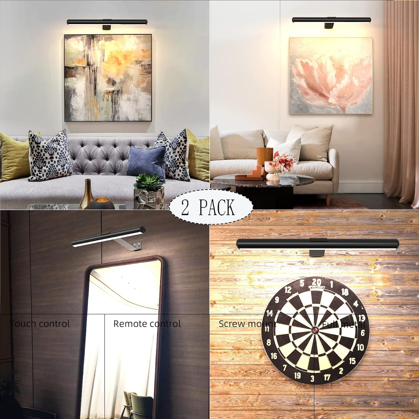 2Pack Wireless Picture Lights with Remote,Battery Operated,16.5'' Painting Lights for Art Picture Full Metal with