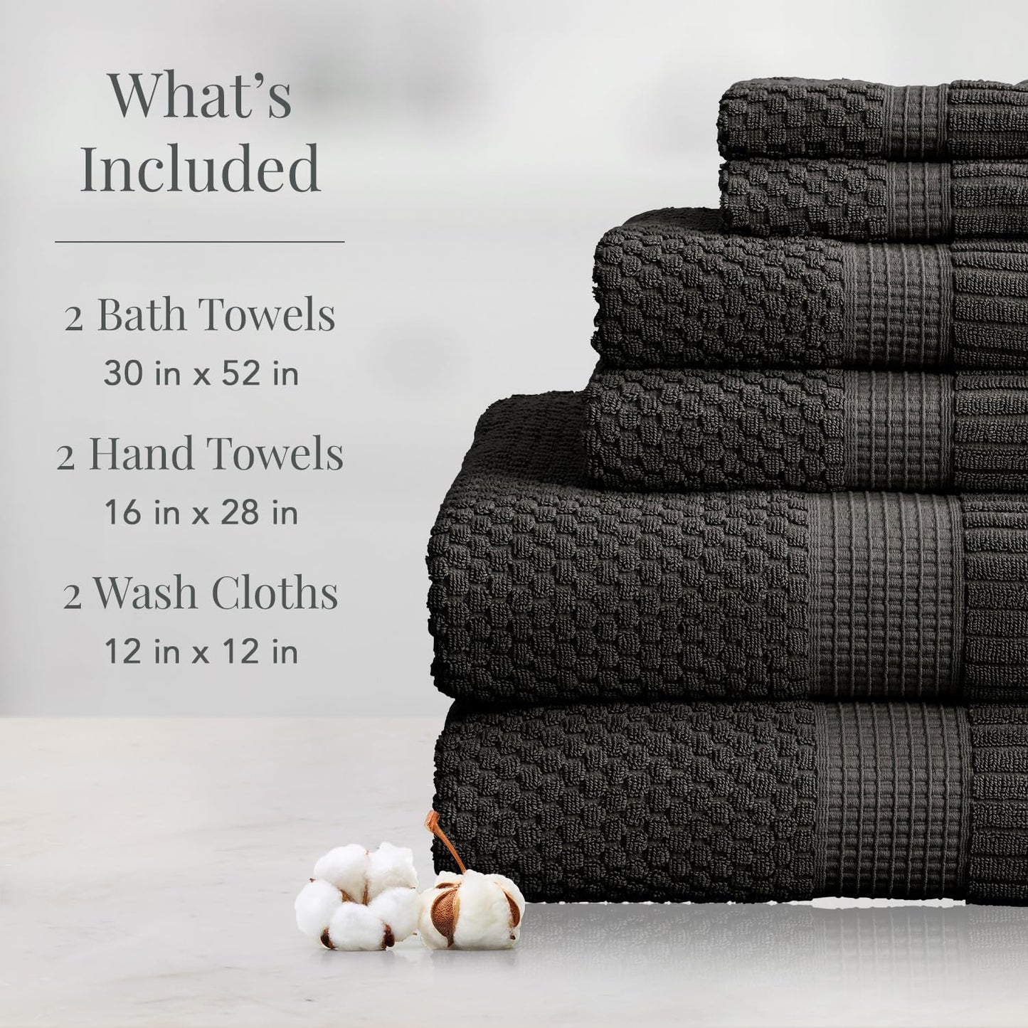 NY Loft 100% Cotton 6-Piece Bath Towel Set | Dark Grey | Quick-Dry | 30" x 52" Bath Towels | 16" x 28" Hand Towels