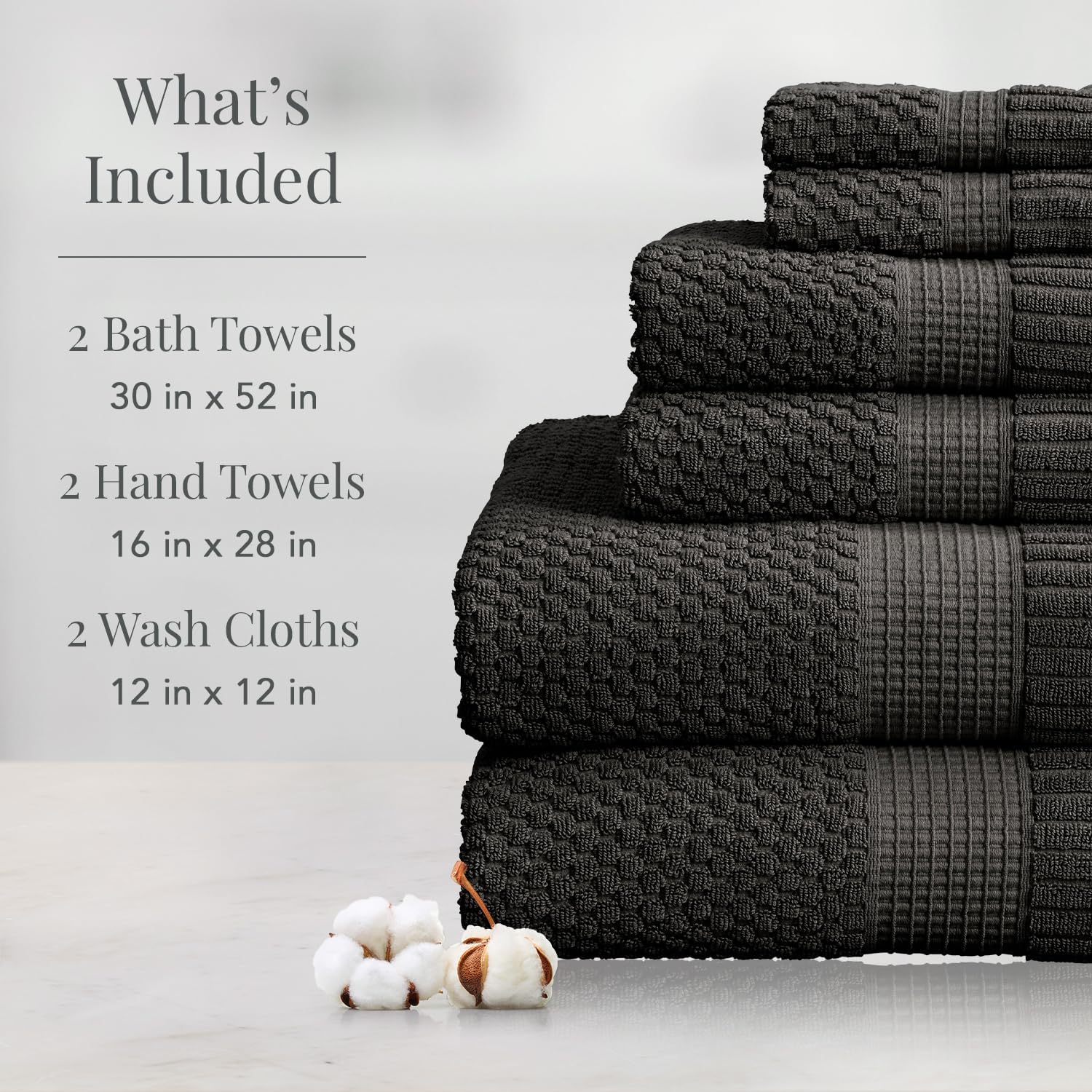 NY Loft 100% Cotton 6-Piece Bath Towel Set | Dark Grey | Quick-Dry | 30" x 52" Bath Towels | 16" x 28" Hand Towels