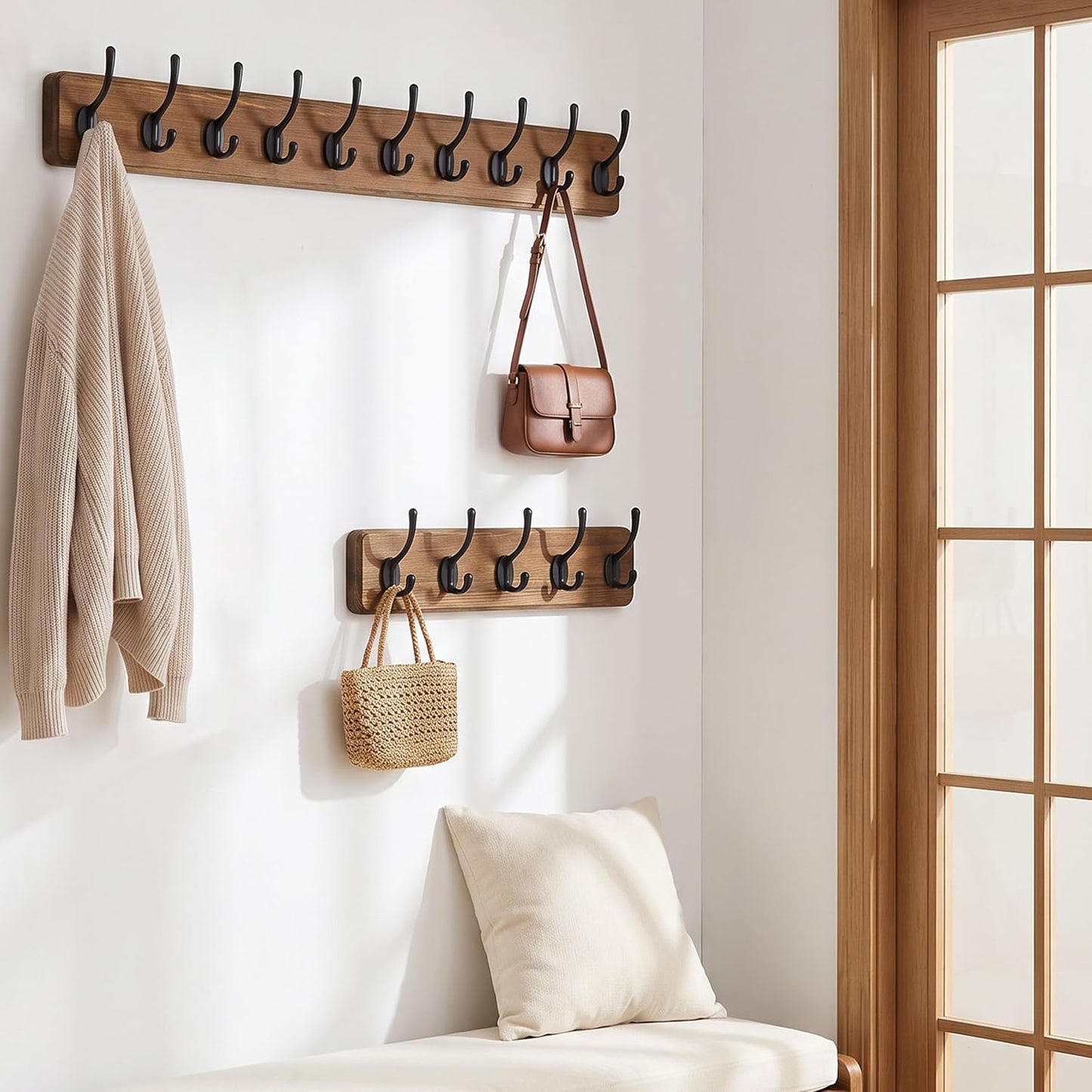 WEBI Rustic Coat Rack Wall Mount,10 Hooks,38 9/16" Long Coat Hooks Wall Mounted,16’’ Hole to Hole,Wood Coat Hanger