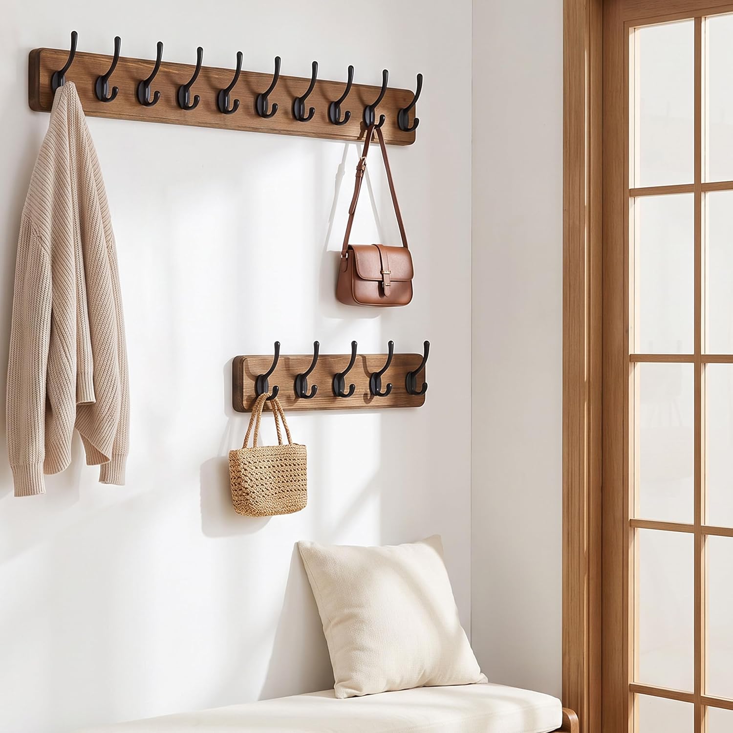 WEBI Coat Rack Wall Mount,10 Hooks,38 9/16" Long Coat Hooks Wall Mounted Rustic,16" Hole to Hole,Wood Coat Hanger