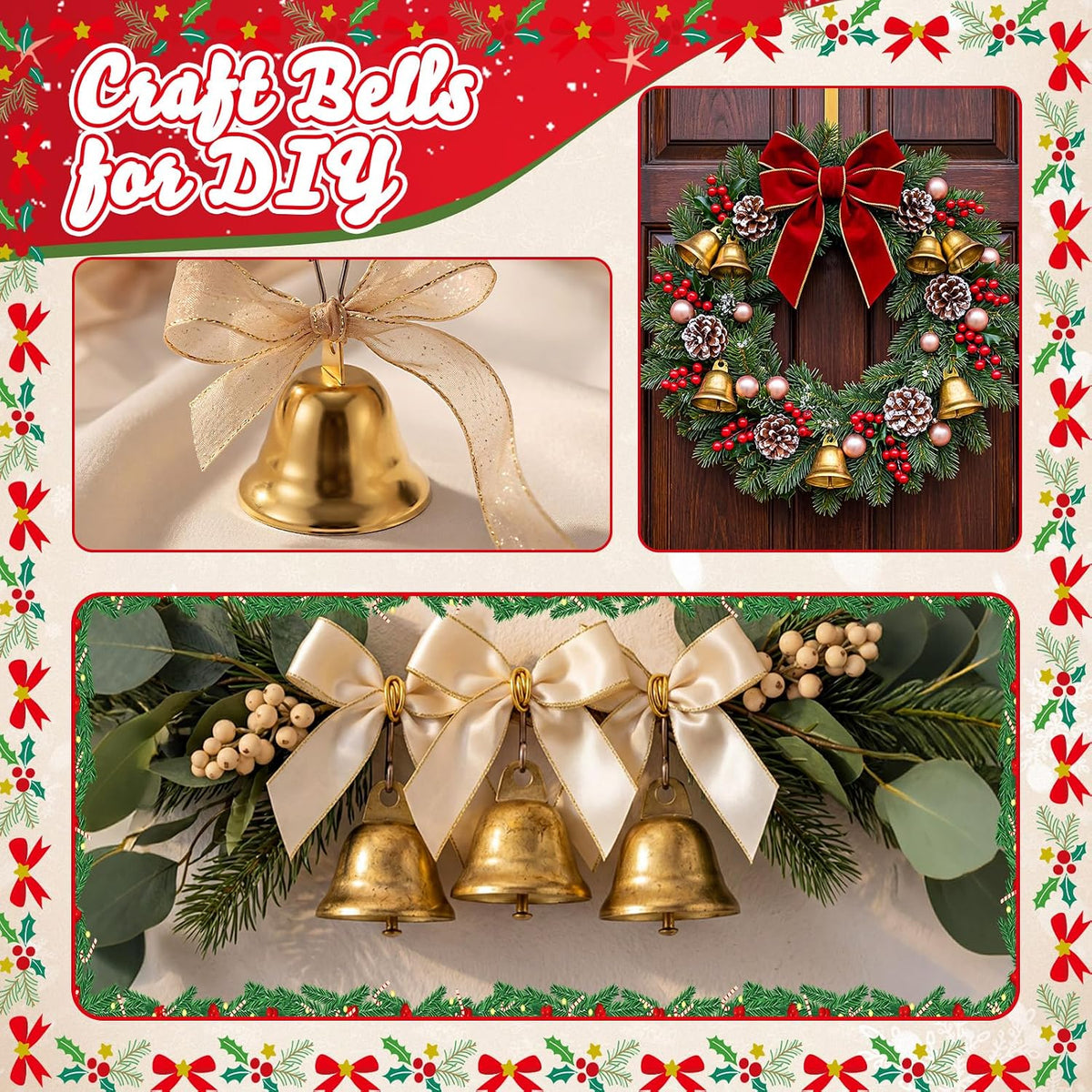Gejoy 60 Pieces Small Brass Bells with Spring Hooks,Gold | Vintage Mini for Wind Chimes, Dog Training Doorbell, Wedding