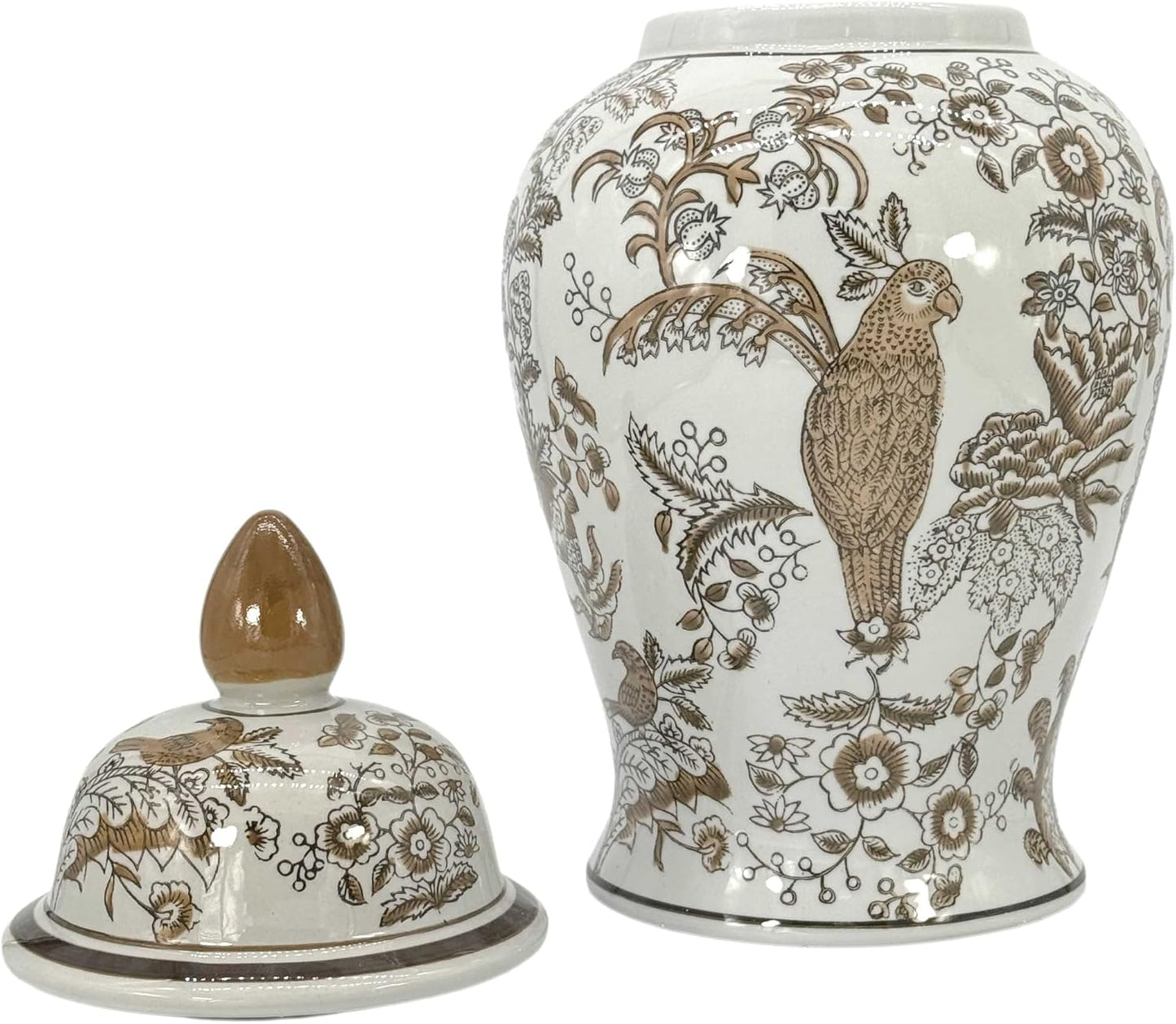 Brown & White Parrot Floral Chinoiserie Ceramic Temple Jar 18" w/Lid / Brown Parrot