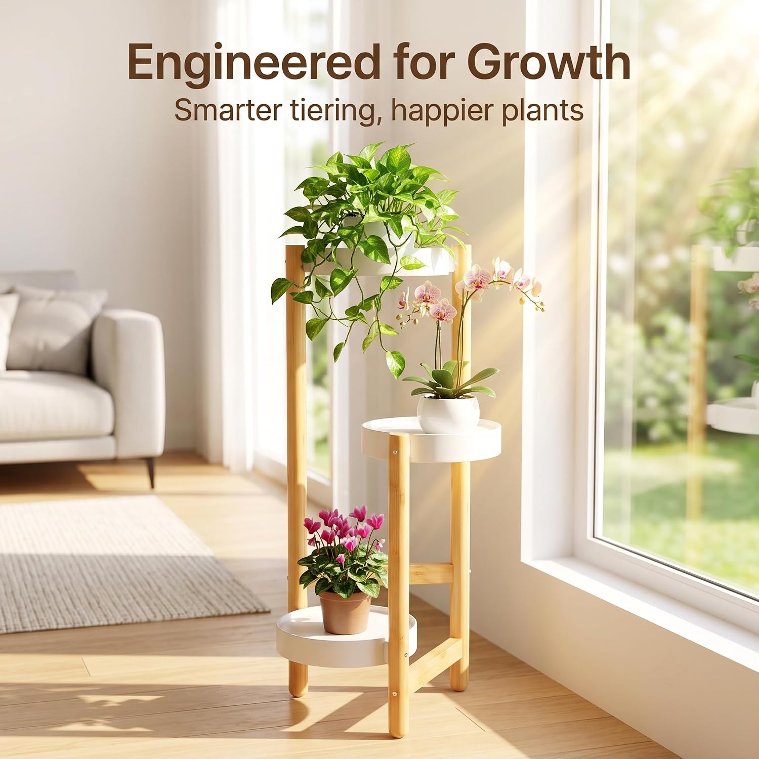 APRTAT 3-Tier Tall Bamboo Plant Stand for Indoor Plants | Natural Bamboo Waterproof Coating Enhanced Stability Easy