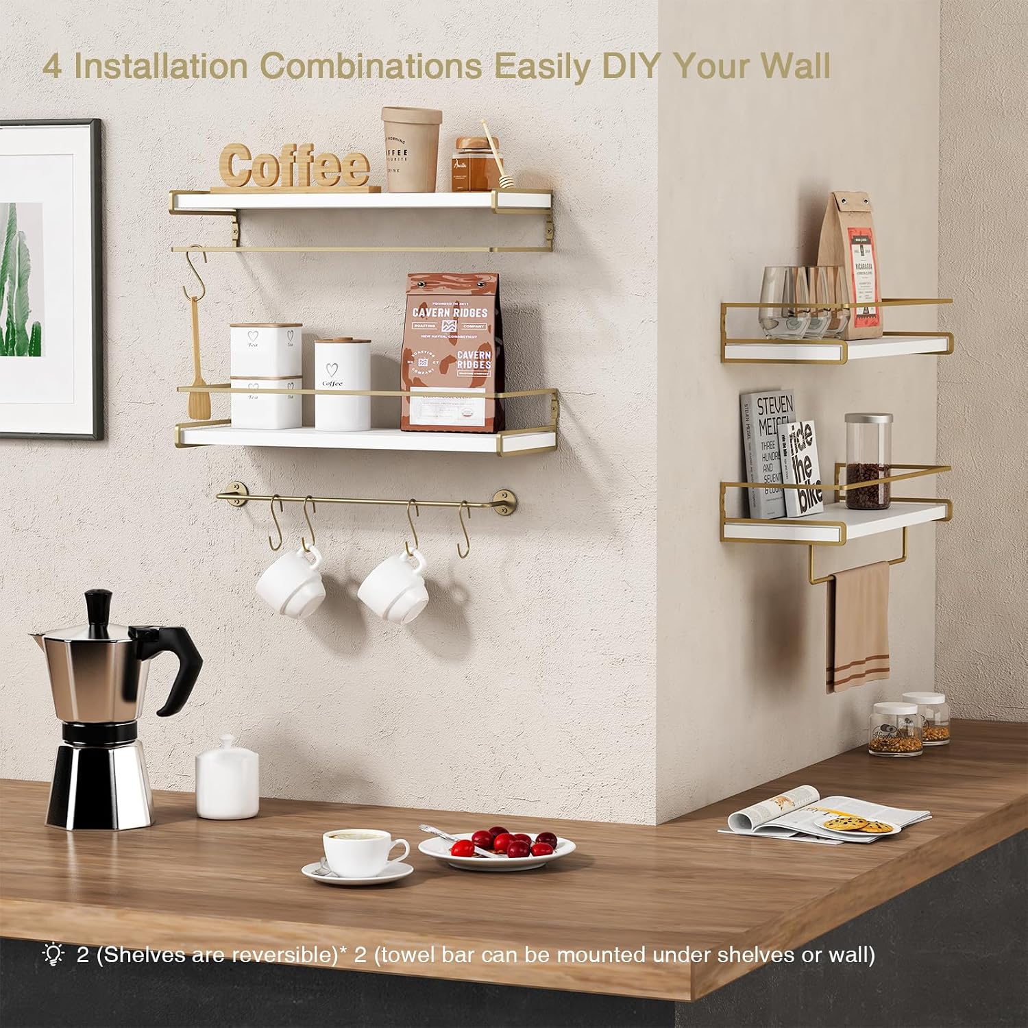 Forbena Floating Bathroom Shelves Wall Mounted, Aesthetic White and Gold Shelves for Bathroom Accessories, Modern