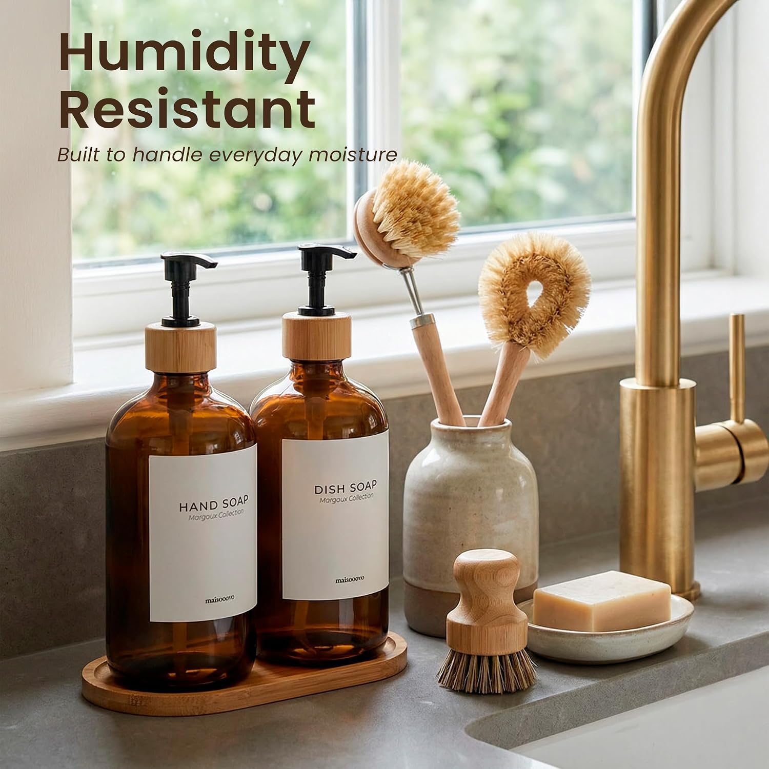 Maisonovo Dish Soap Dispenser Set - Amber Soap Dispenser Black Bamboo Pumps | Glass bottles for body wash, lotion