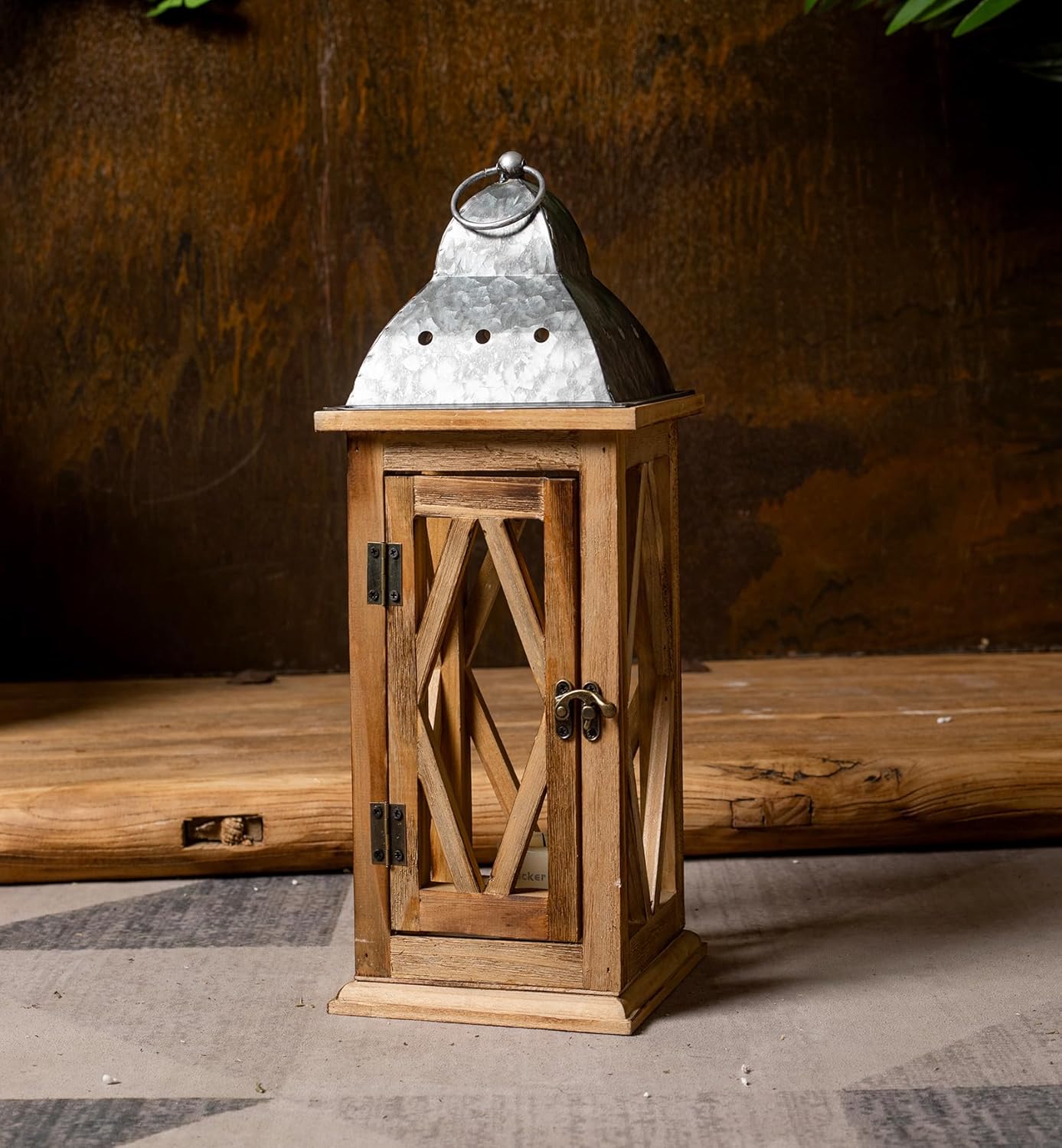 Large Farmhouse Wooden Metal Lantern Set of 2, Rustic Decorative Floor Candle Lanterns, Indoor/Outdoor Hanging Lanterns