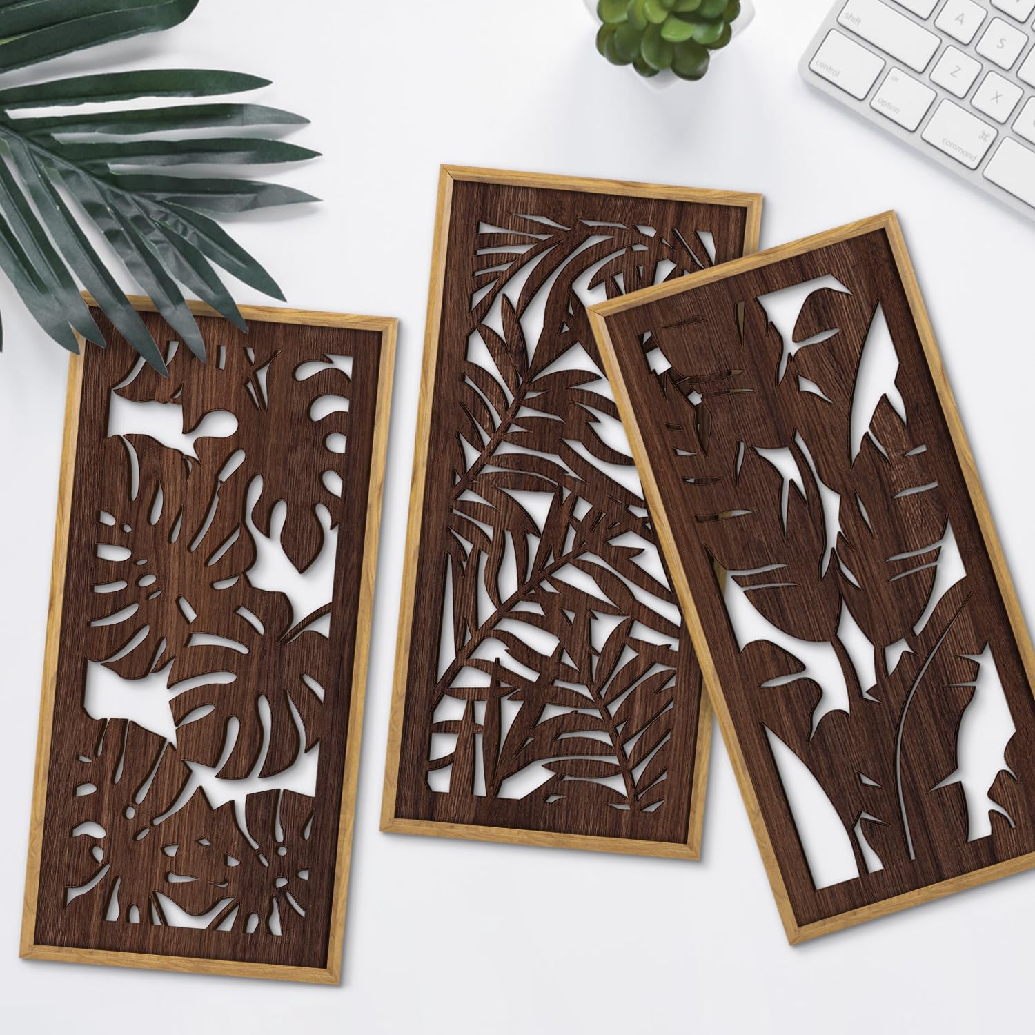 Vintage Leaf Plant Hanging Wood Plaque Wall / Tropical Leaf Wooden Wall Art / Set of 3