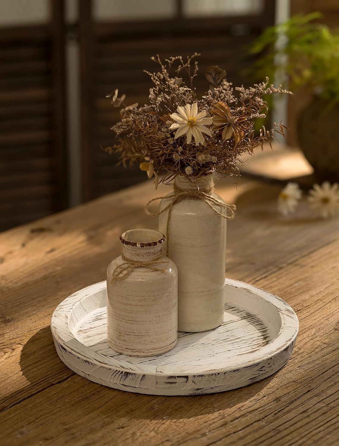 Round Wood Decorative Candle Plate / White Rustic