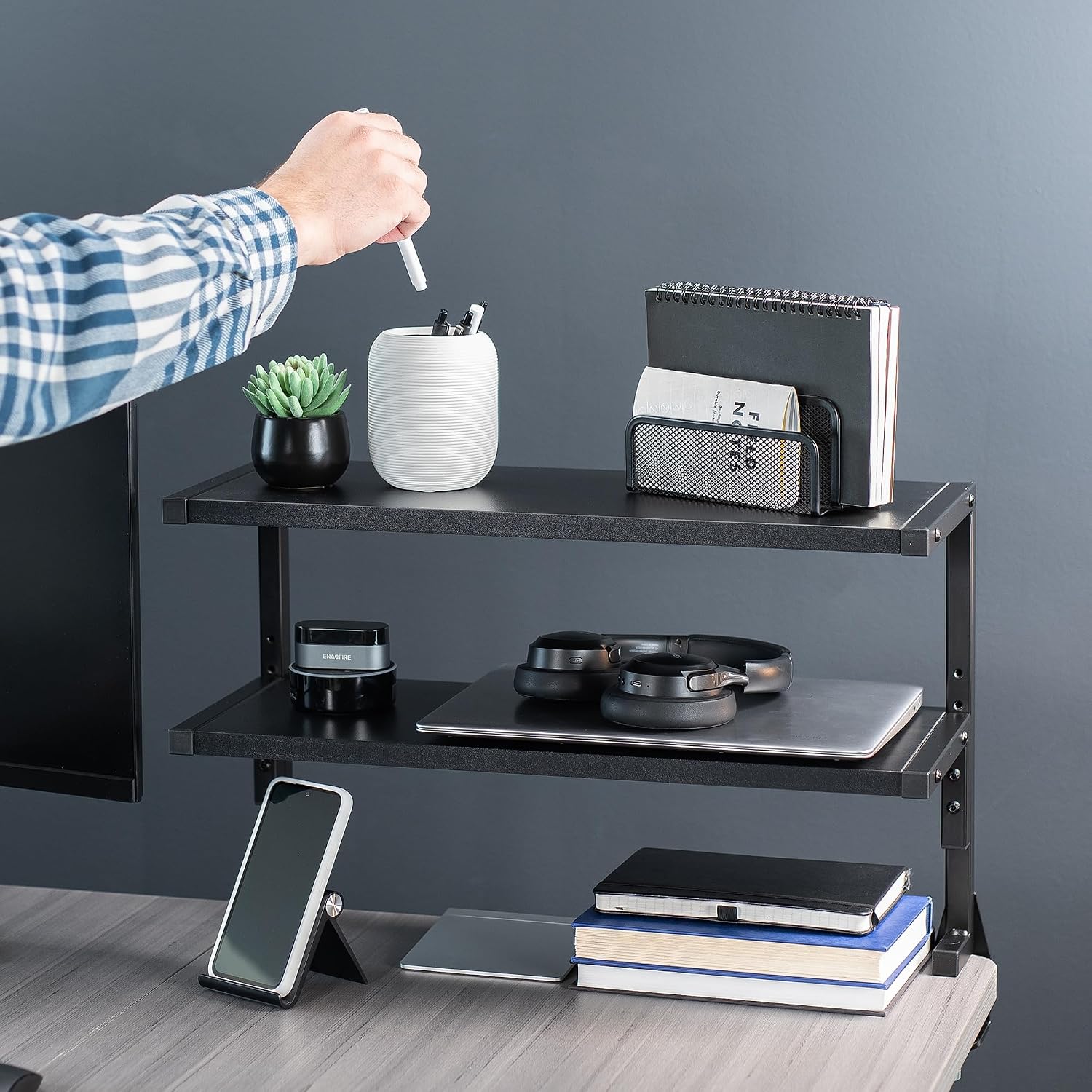 VIVO Black Clamp-on 24 inch 2-Tier Desk Shelf, STAND-SHELF24C | Above or Below Desk, 2 Level Shelving Unit for Table