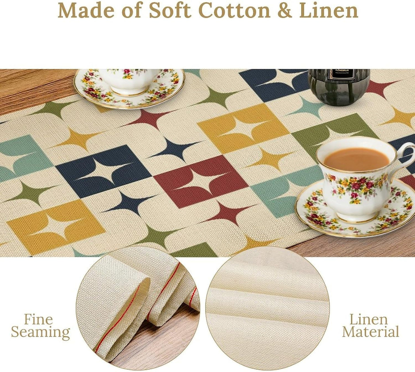 Mid Century Kitchen Table Runner,Abstract Aesthetic Geometric Mid Century Retro Modern Patterns Printed Linen Table
