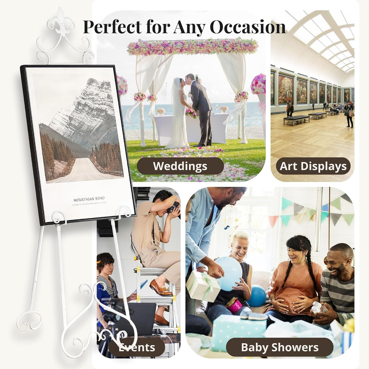 60” H White Easel Stand for Sign Metal Adjustable | Large Display Standing Heavy Duty for Displaying Pictures Wedding