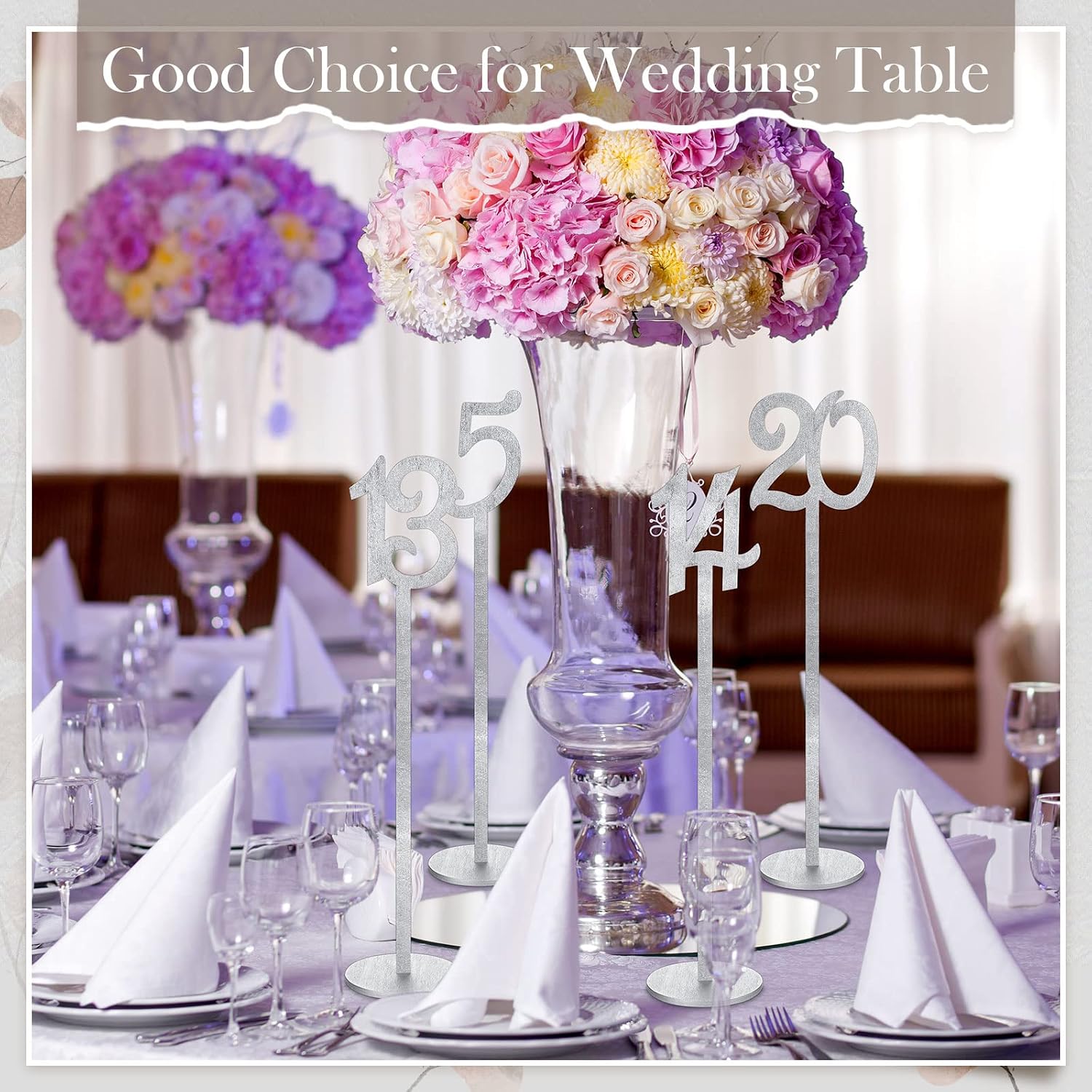 20 Pcs Table Numbers for Wedding with Holder, 1-20,Silver | Wooden Seat Numbers with Round Base Stands, Ideal for