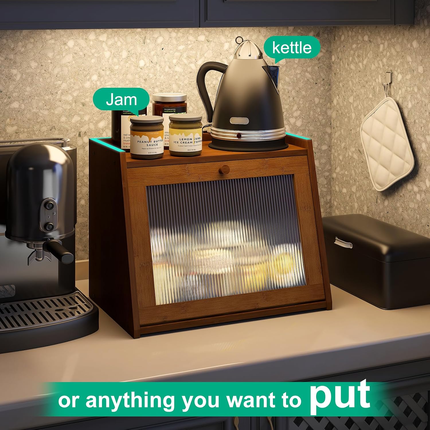kiplant Large Bread Box for Kitchen Counter, Brown Bamboo Bread Storage Container with Wavy Arcylic Transparent Door