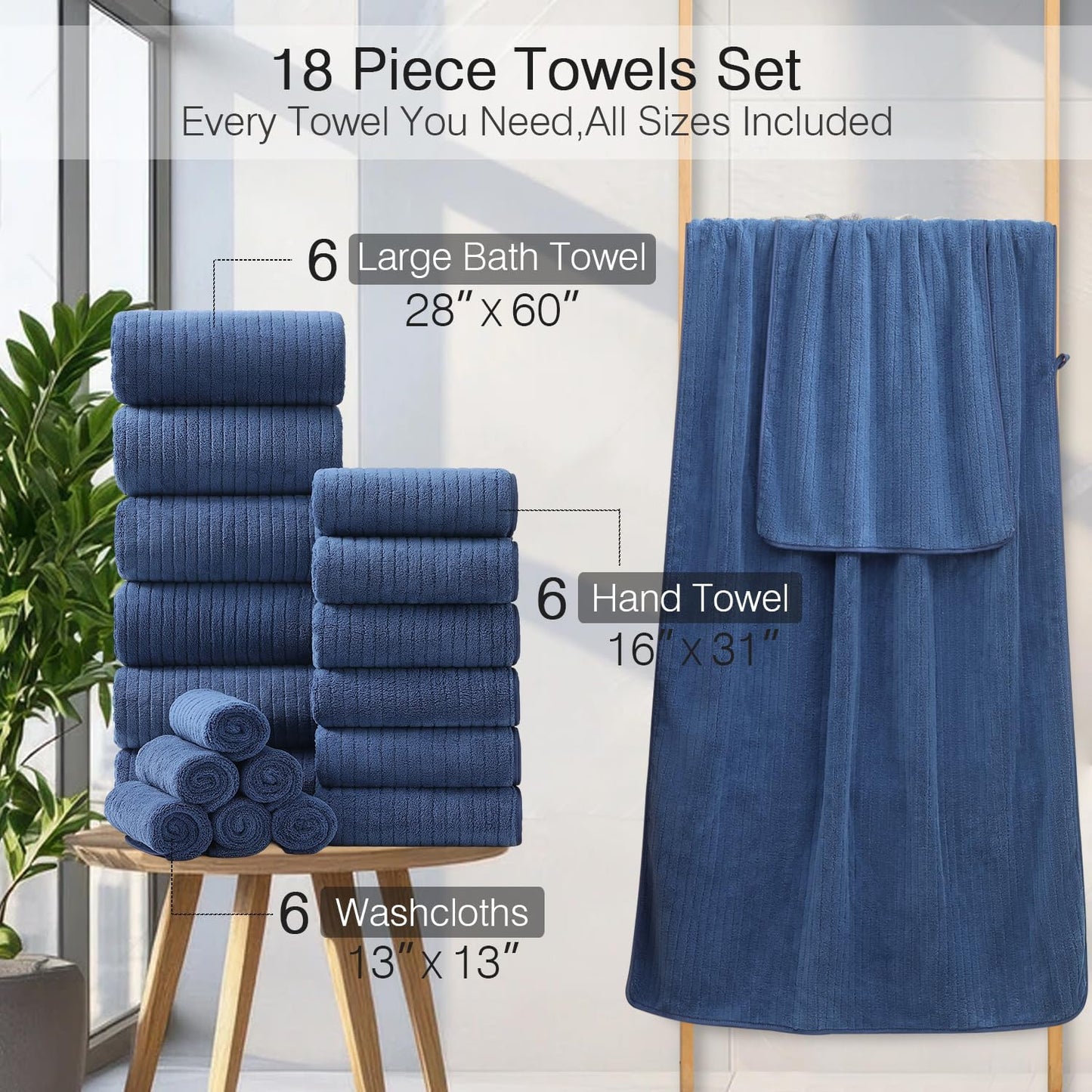 Hailea 18 Piece Family Bath Towel Set Include 6 Bath Towels,6 Hand Towels and 6 Washcloths Soft Bathroom Towel with
