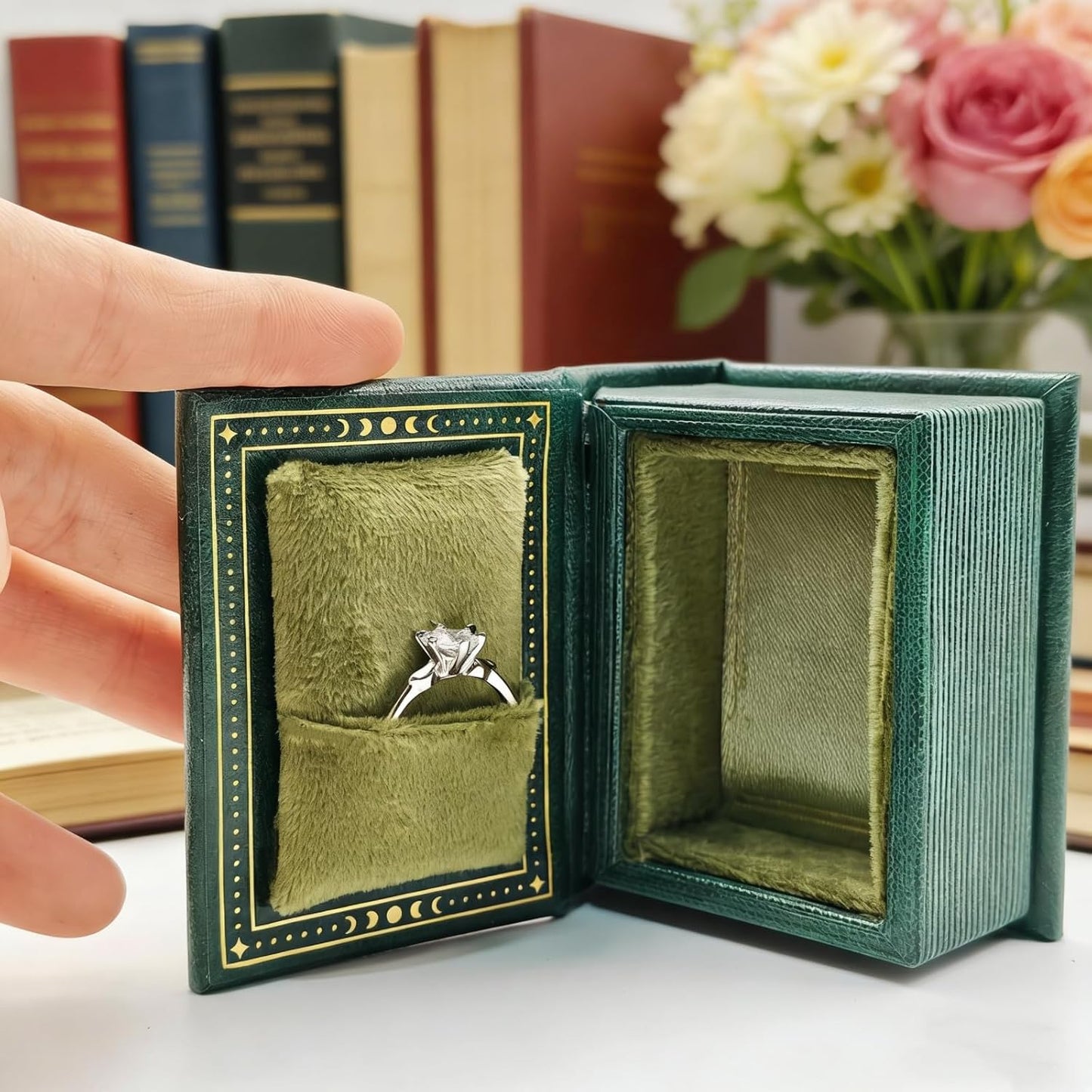 Vintage Magic Book-Shaped Ring Box Starry Sky Pattern PU Leather