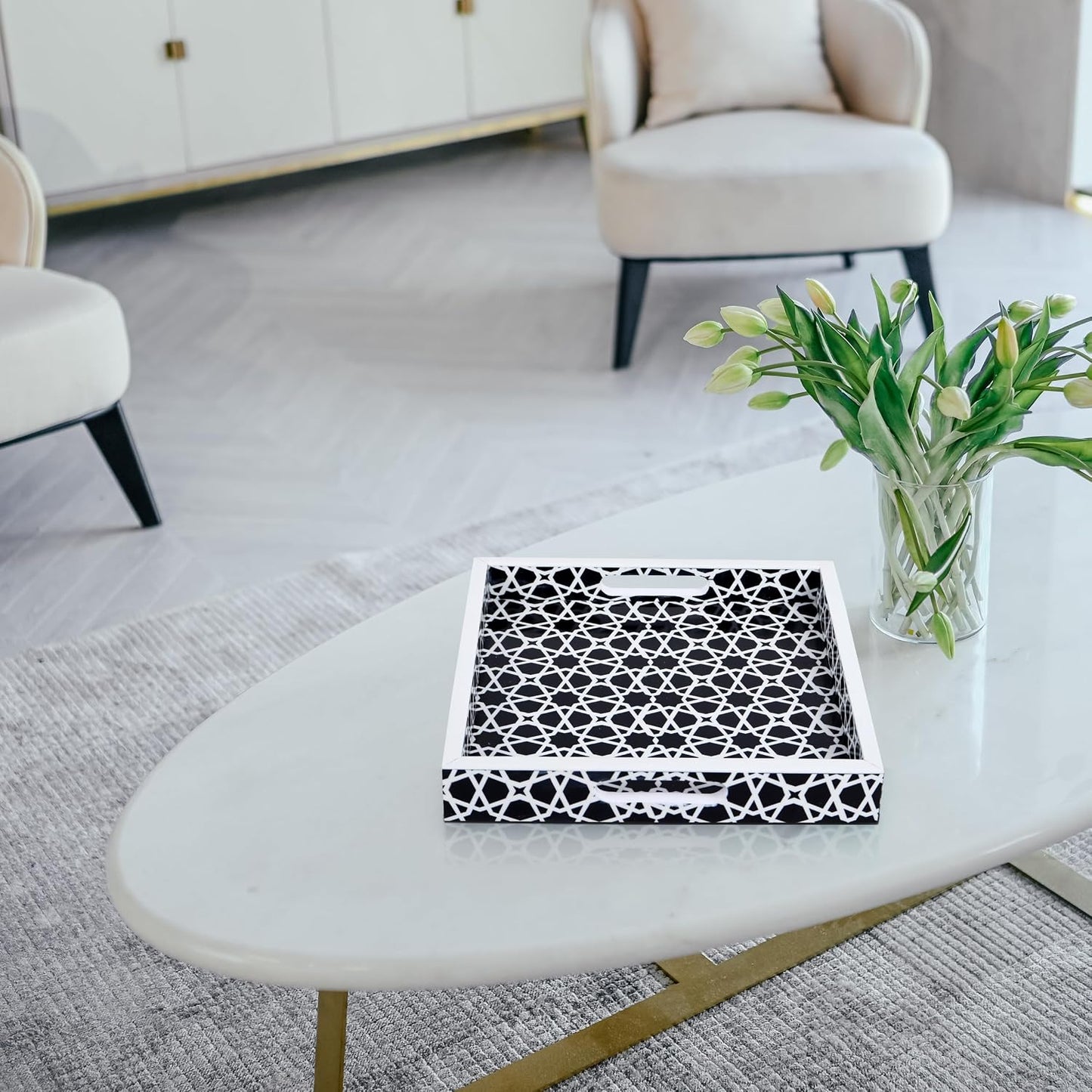 Ottoman Tray / White Zellij Pattern Decorative Tray / 12 x 12 x 2 / Zellij Petit / Black