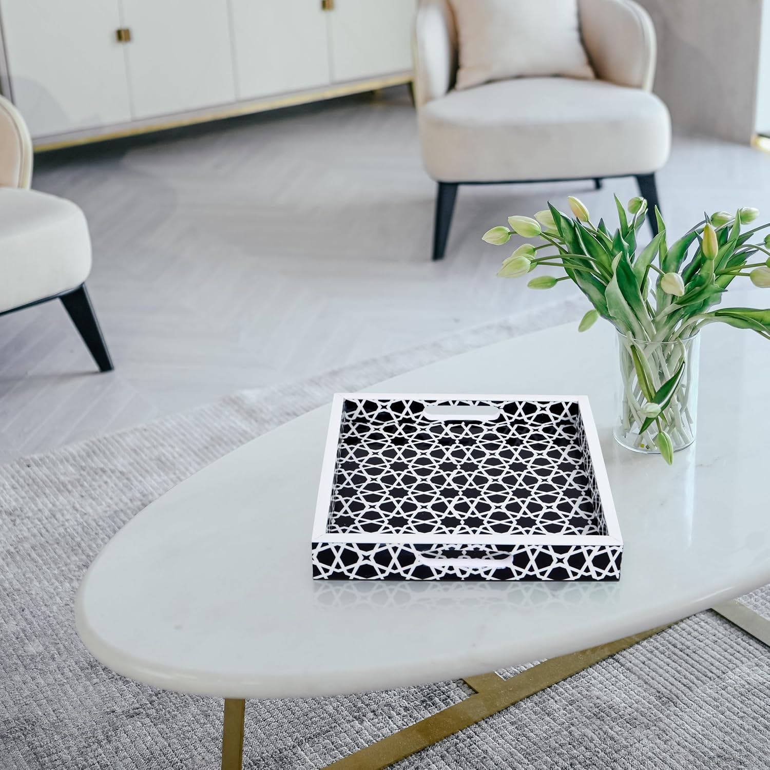 Ottoman Tray / White Zellij Pattern Decorative Tray / 12 x 12 x 2 / Zellij Petit / Black