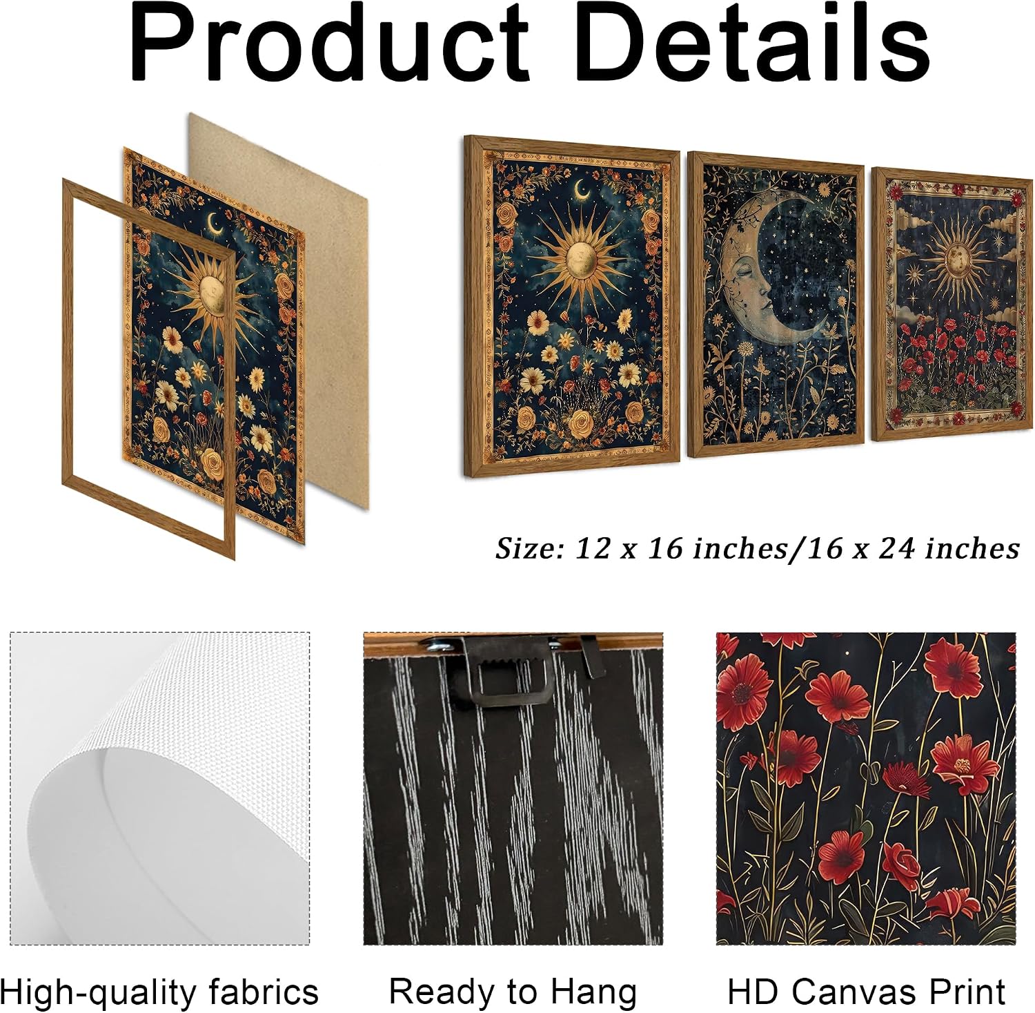 Wood Framed Wall Art / 16"L x 12"W / Tarot A / Set of 3