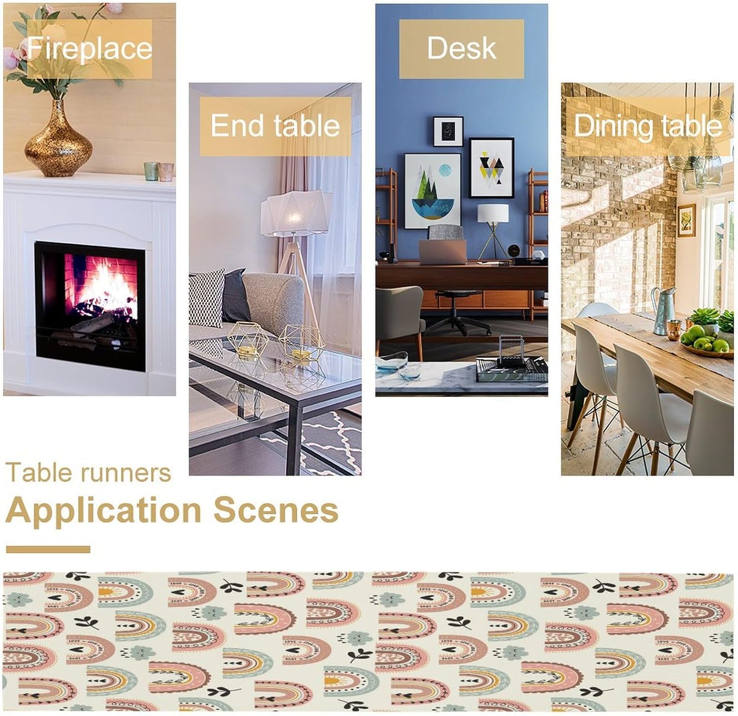 Boho Rainbow Table Runner Abstract Cute Cartoon Star and Leaf Pattern Printed Linen Table Runner for Home Kitchen