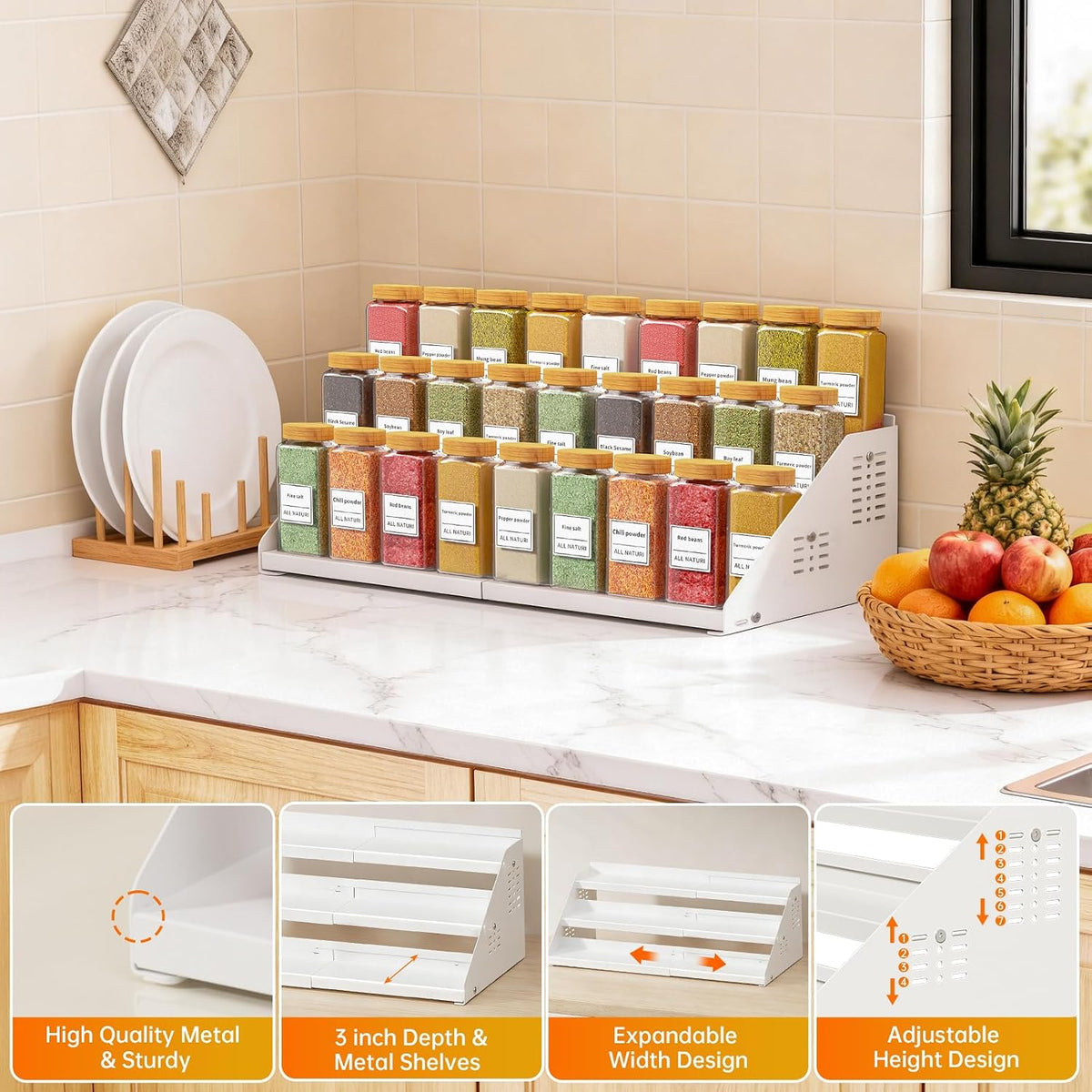 RCHYFEED 3 Tier Expandable Spice Rack Organizer, Height Adjustable,Metal | White, Multi-purpose Metal Display Organizer