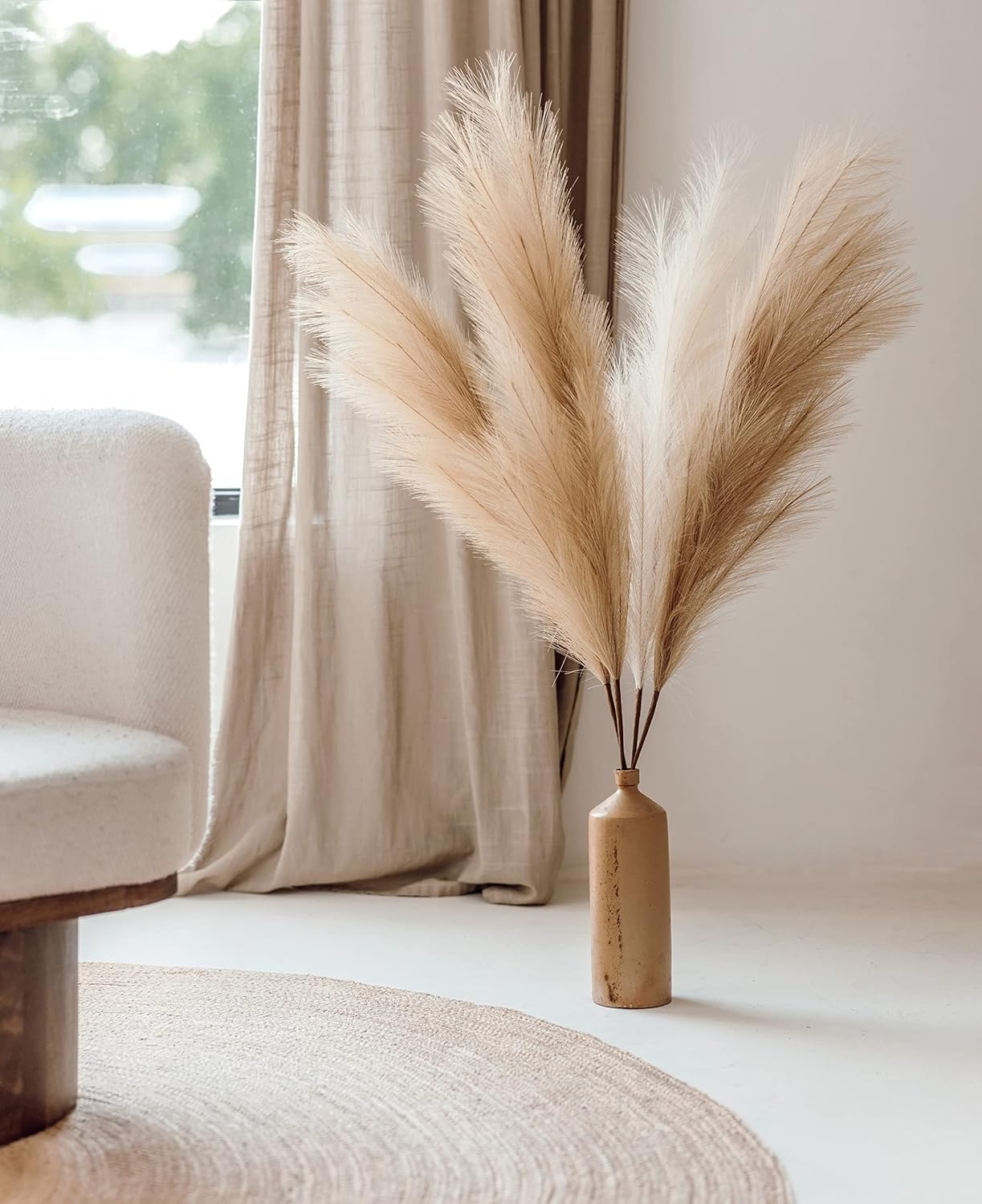 Artificial Large Pampas Grass Decor for Floor Vase / Coffee & Cream / 3.6 ft / Set of 4