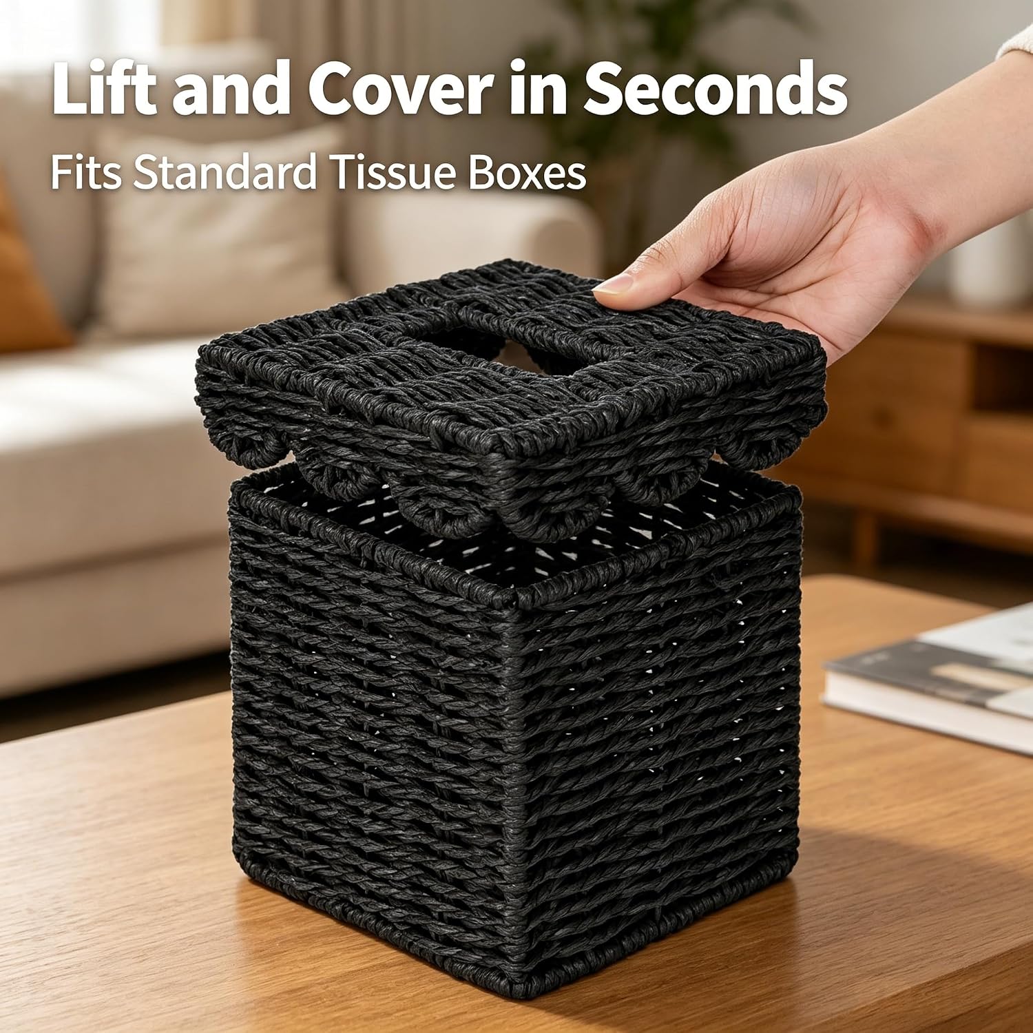 Square Wicker Tissue Box Holder Facial Tissues Boxes w/Scalloped Lid / Black
