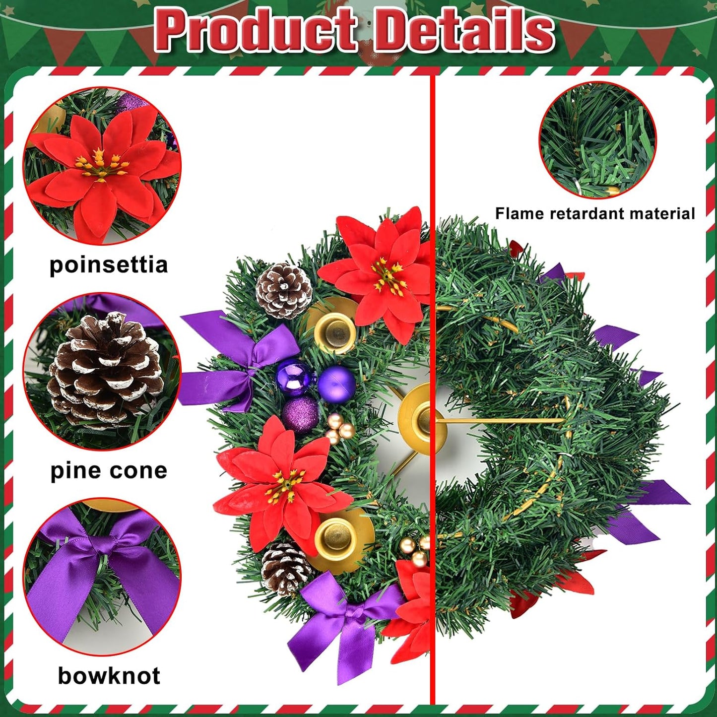 12 Inch Christmas Advent Wreath 5 Candle Holder with Metal Candle Cups for Taper Candles Fire Retardant Centerpiece