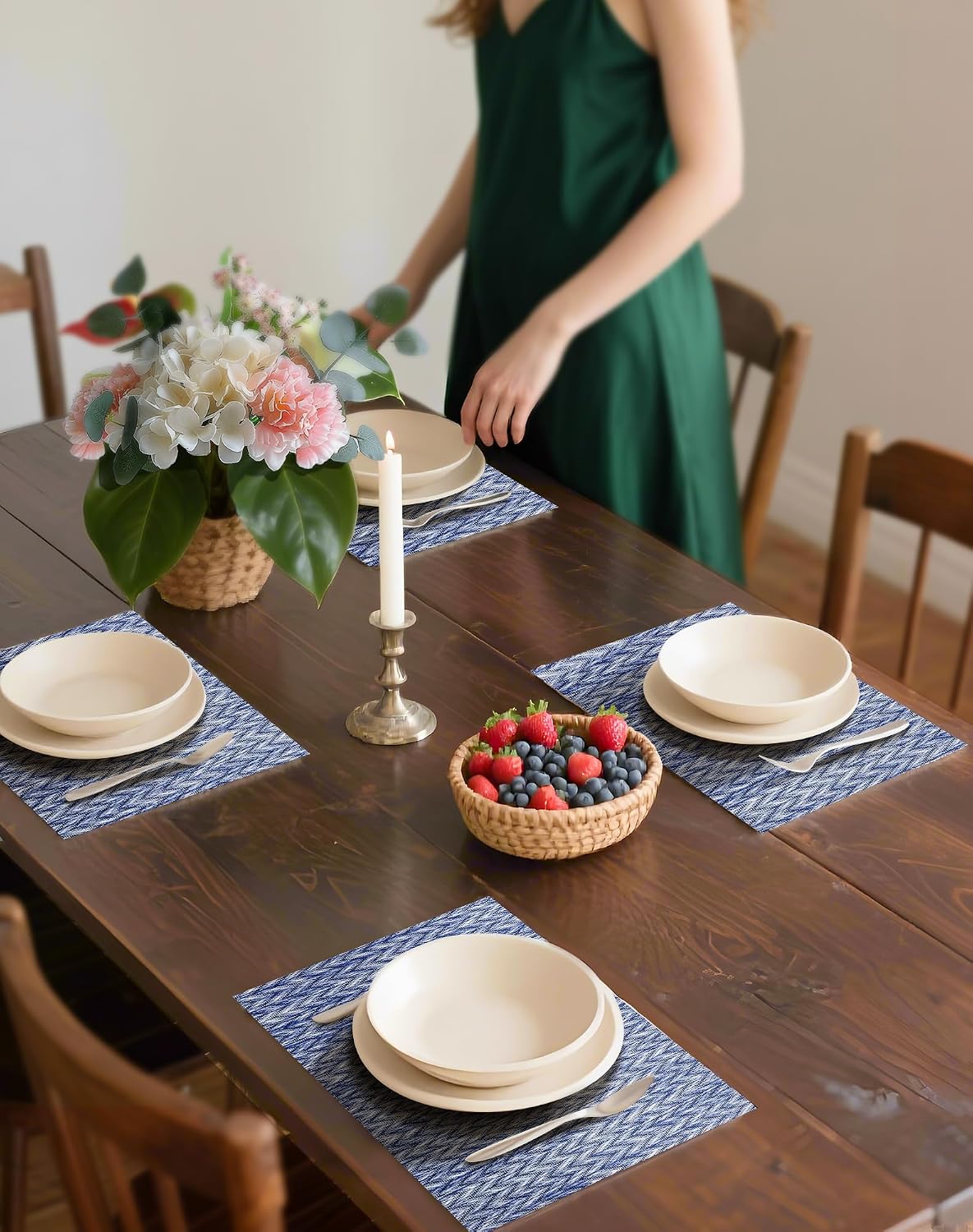 Leetaltree Woven Vinyl Placemats Set of 12,Blue Zigzag | High Density，Stain Resistant, Easy to Clean, Washable Table