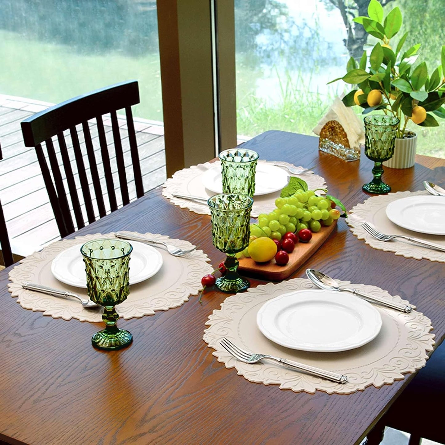 Round Faux Leather Placemats Set of 6, Dining Table Mats, Beige | Engraved Texture, 15 Inch Diameter, Waterproof and