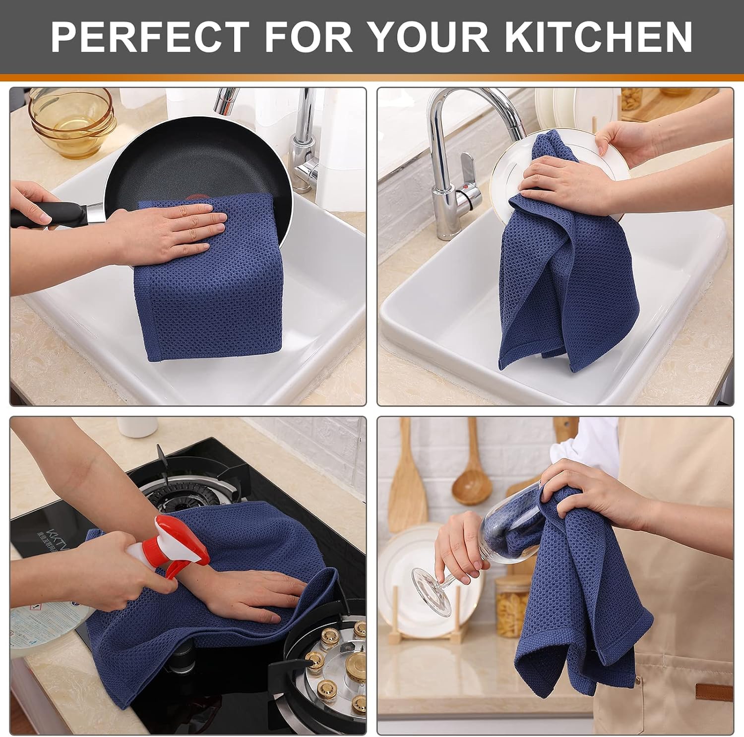 Kitinjoy 100% Cotton Waffle 6-Pack Kitchen Towels, 13" x 28", Navy Blue | Super Soft, Ultra-Absorbent, Fast Drying