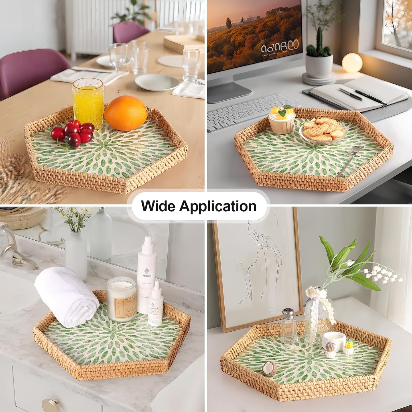 Hexagon Rattan Tray / Green Leaves