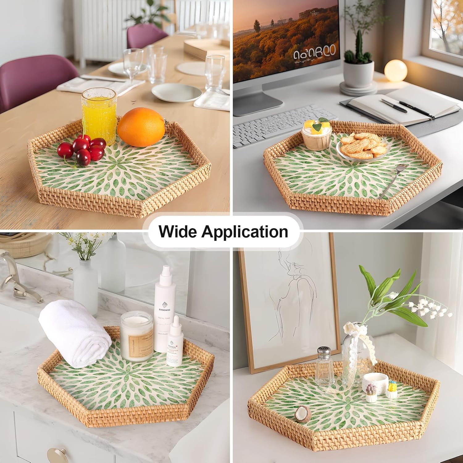Hexagon Rattan Tray / Green Leaves