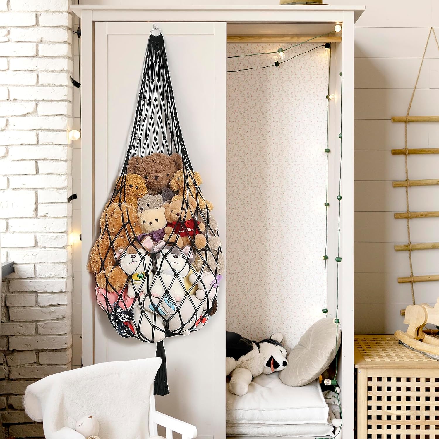 Stuffed Animal Hammock Corner Hanging Net for Stuffy Animal Storage Macrame Toy Display / Black / L