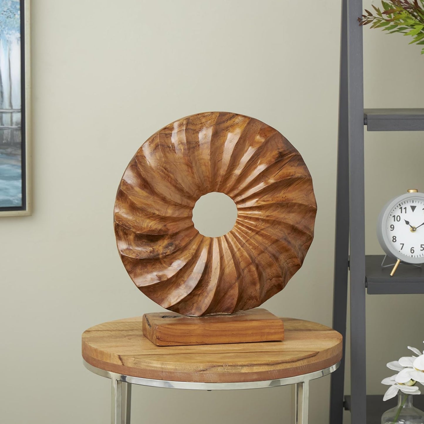 Teak Wood Abstract Handmade Decorative Sculpture Dimensional Circular Home Decor / 16 x 5 x 17