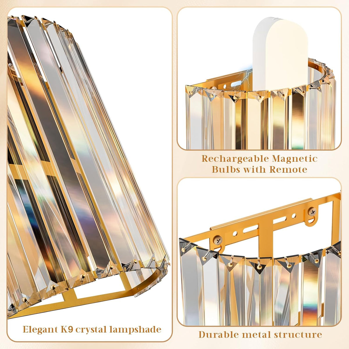 Gold Battery Operated Wall Sconces Set of Two, Crystal Wireless Wall Lights with Remote, Rechargeable Cordless Wall