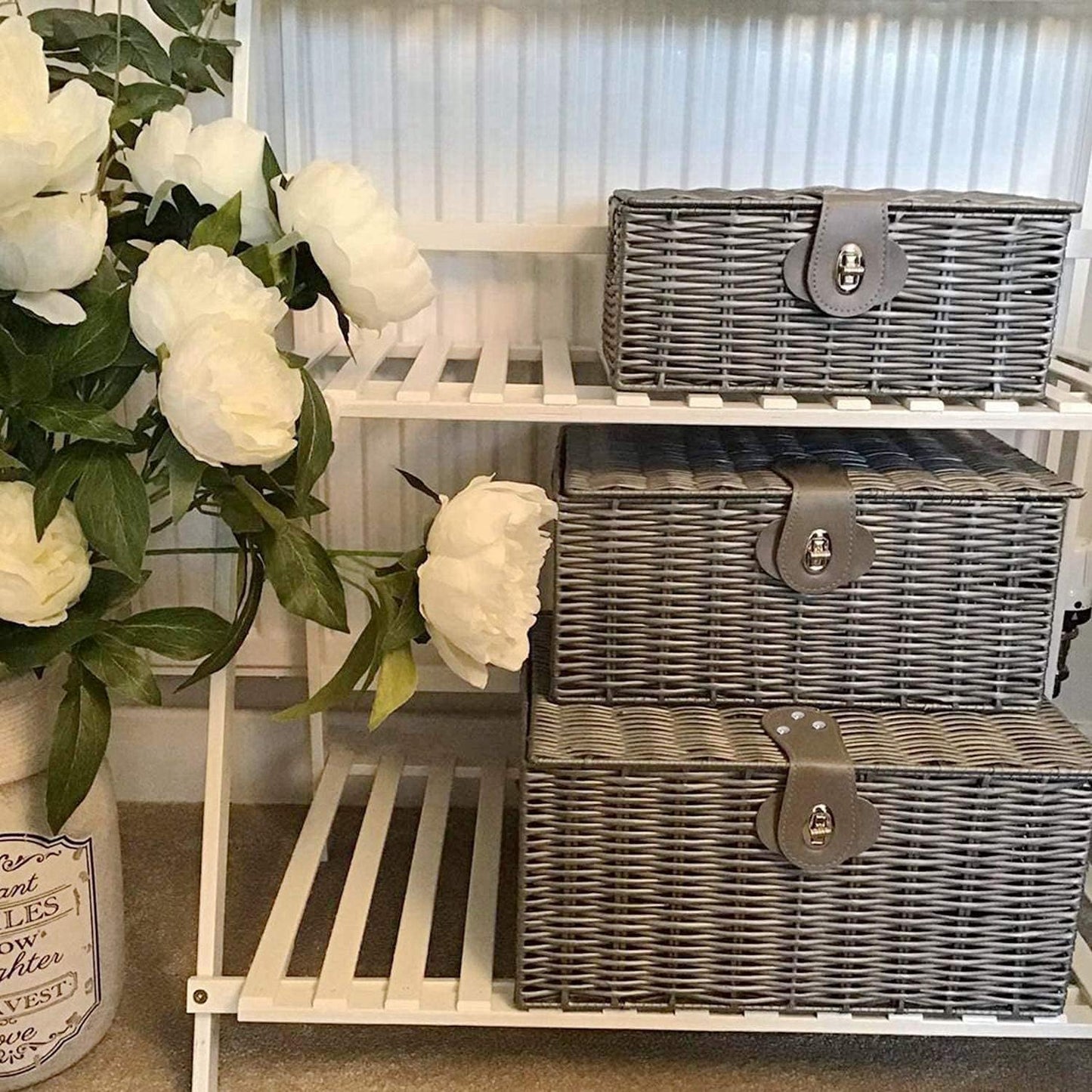 Woven Wicker Storage Basket Box / Grey / Set of 3