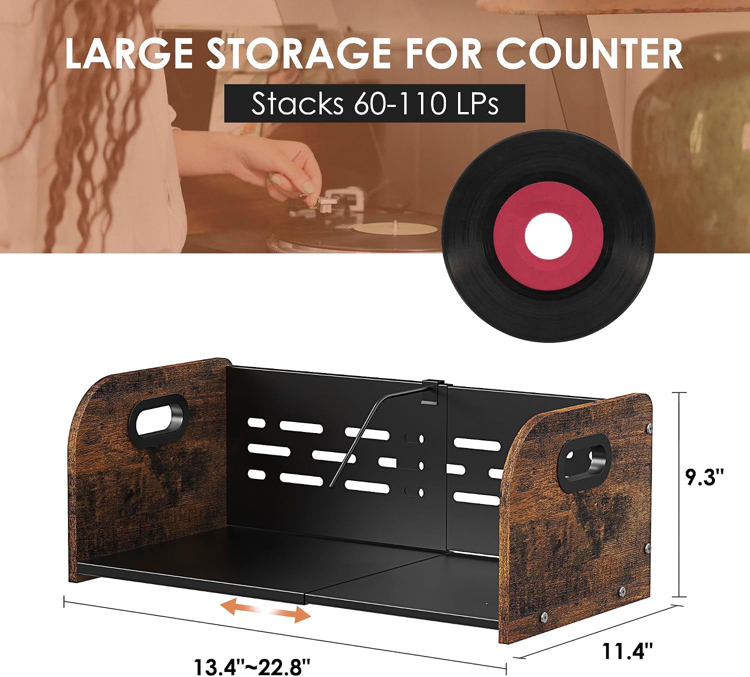 RUILALIFE Vinyl Record Storage Holder, Expandable Record Holder Rack With Movable Divider, 110 LP Album Display Shelf