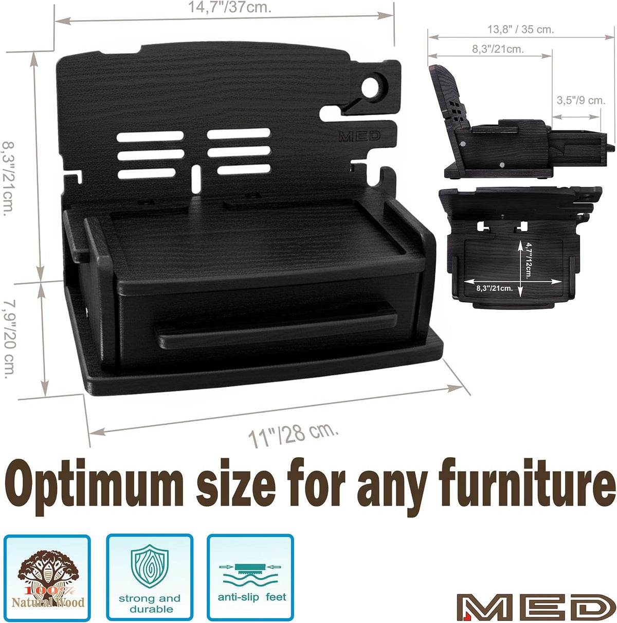 MED Premium Wood Phone Docking Station for Men with Drawer - Nightstand & Desk Organizer - Gift for Husband & Dad