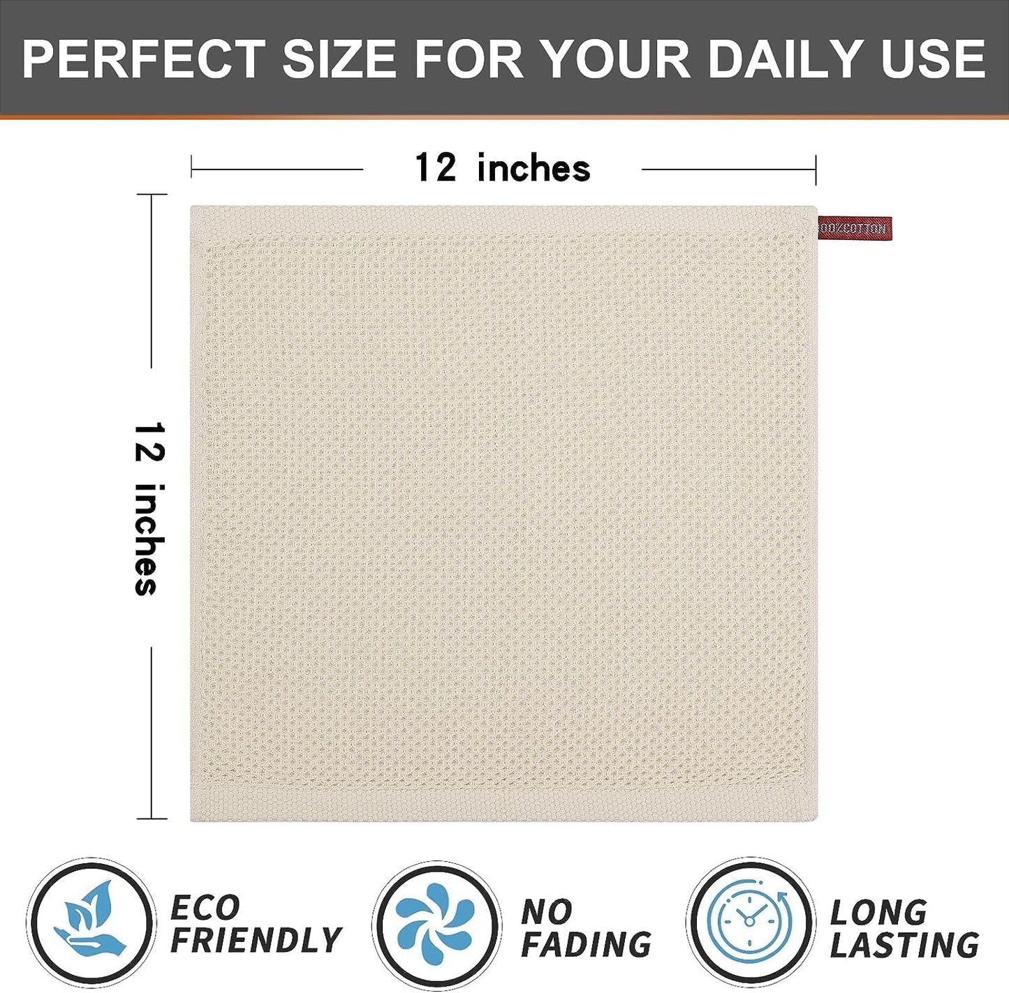 Kitinjoy 100% Cotton Waffle 12-Pack Kitchen Towels, 12" x 12", Beige | Ultra Absorbent, Super Soft, lightweight, Quick
