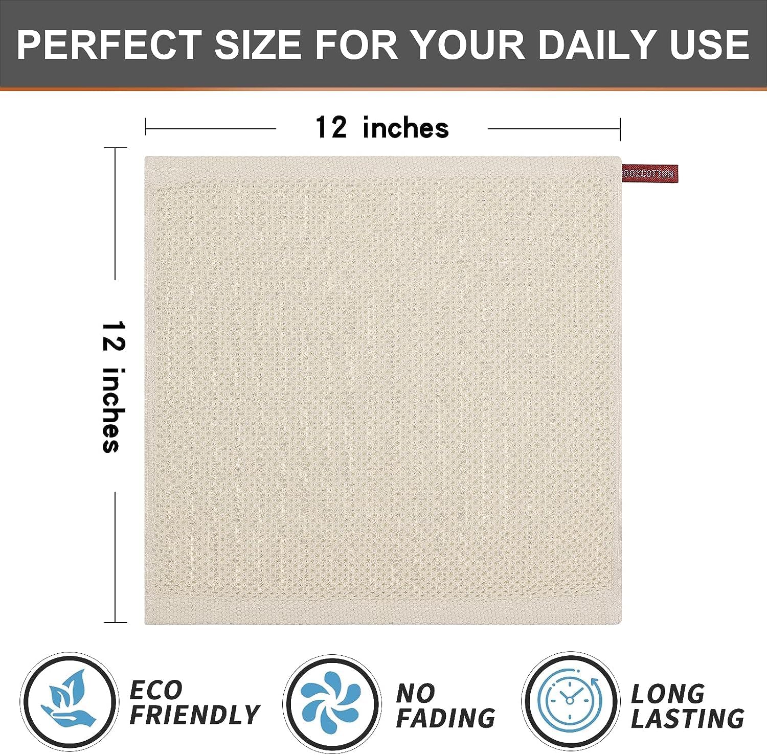 Kitinjoy 100% Cotton Waffle 12-Pack Kitchen Towels, 12" x 12", Beige | Ultra Absorbent, Super Soft, lightweight, Quick