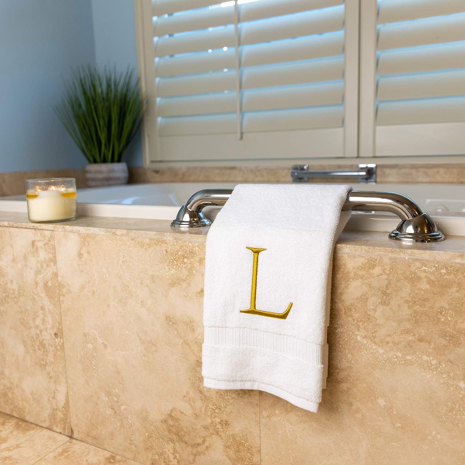 White with Gold Monogrammed Hand Towels for Bathroom - Set of 2 Letter L | Luxury Hotel Quality Initial Towels For