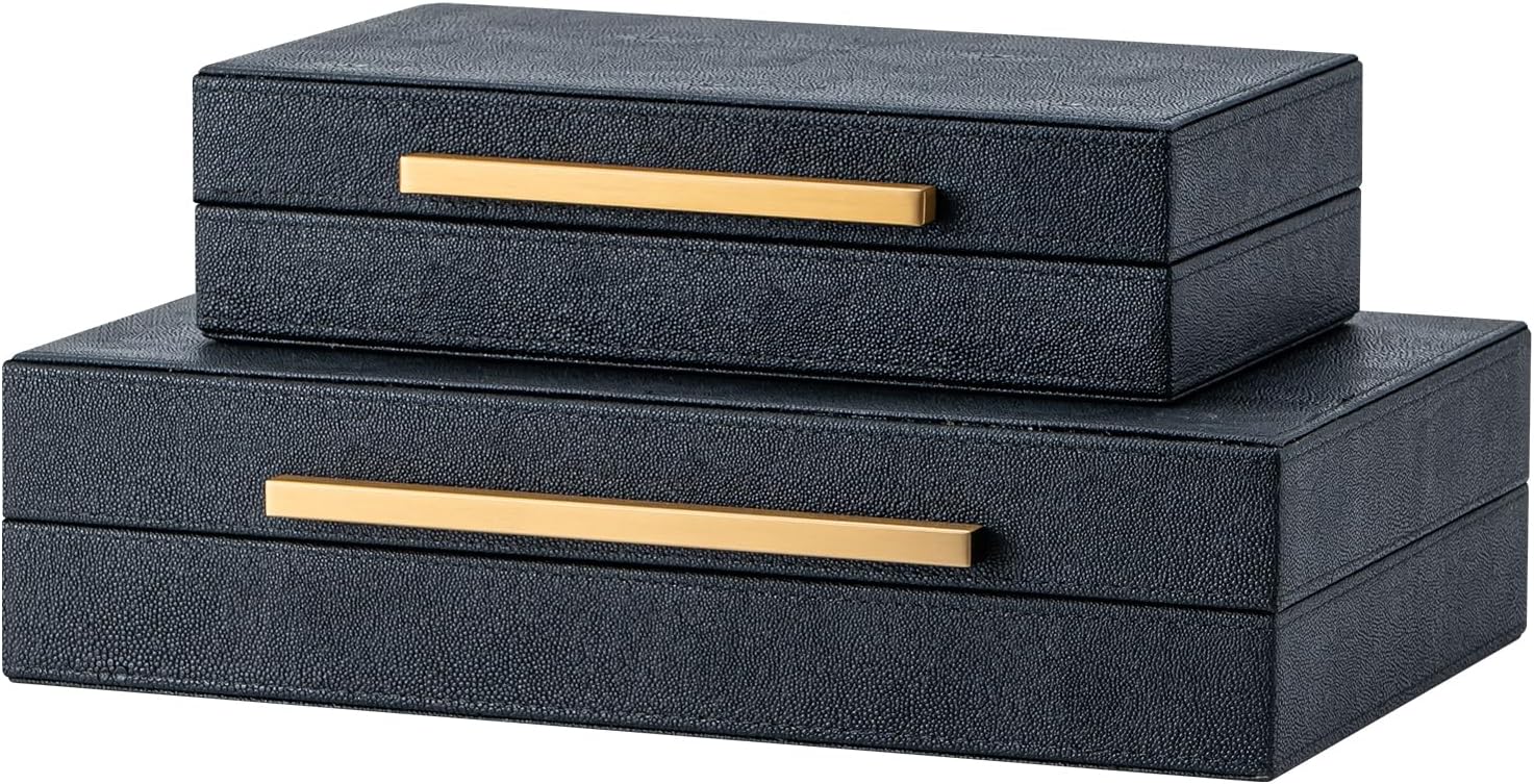 Faux Leather Jewelry Organizer / Black+gold Handles / 14.2 In / Set of 2