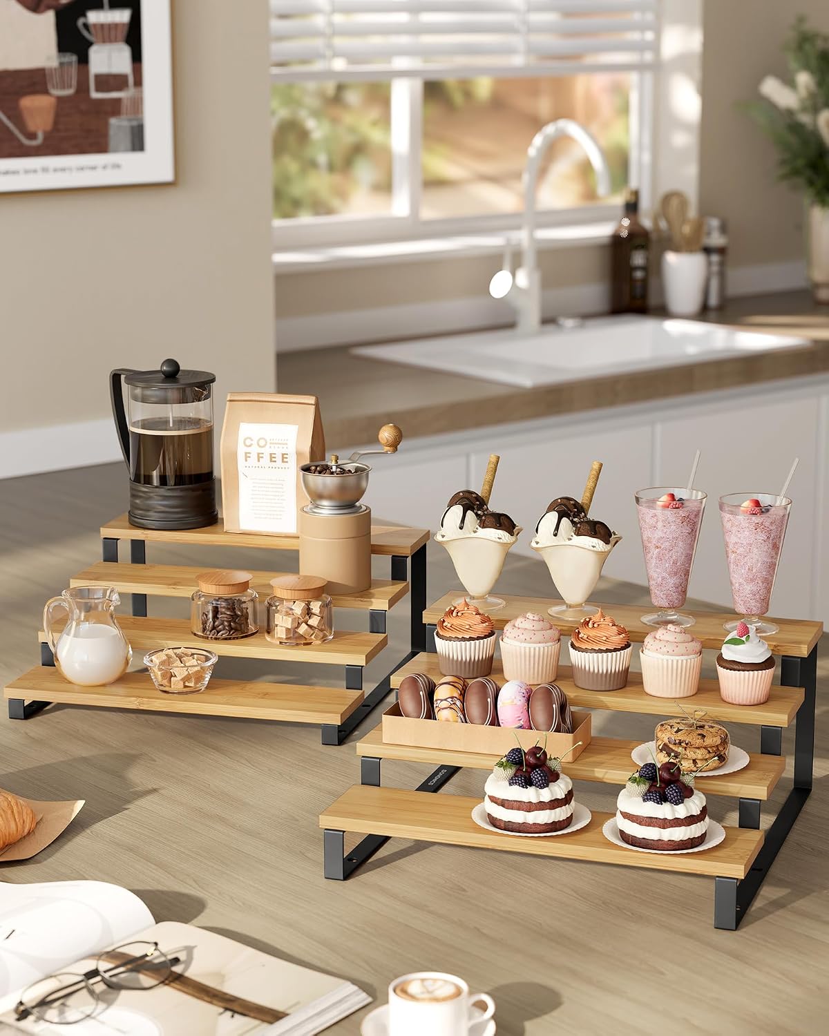 SONGMICS Display Risers, Set of 2 Engineered Wood Perfume Organizer Stand, 4-Tier Cupcake Stand Holder, Spice Rack
