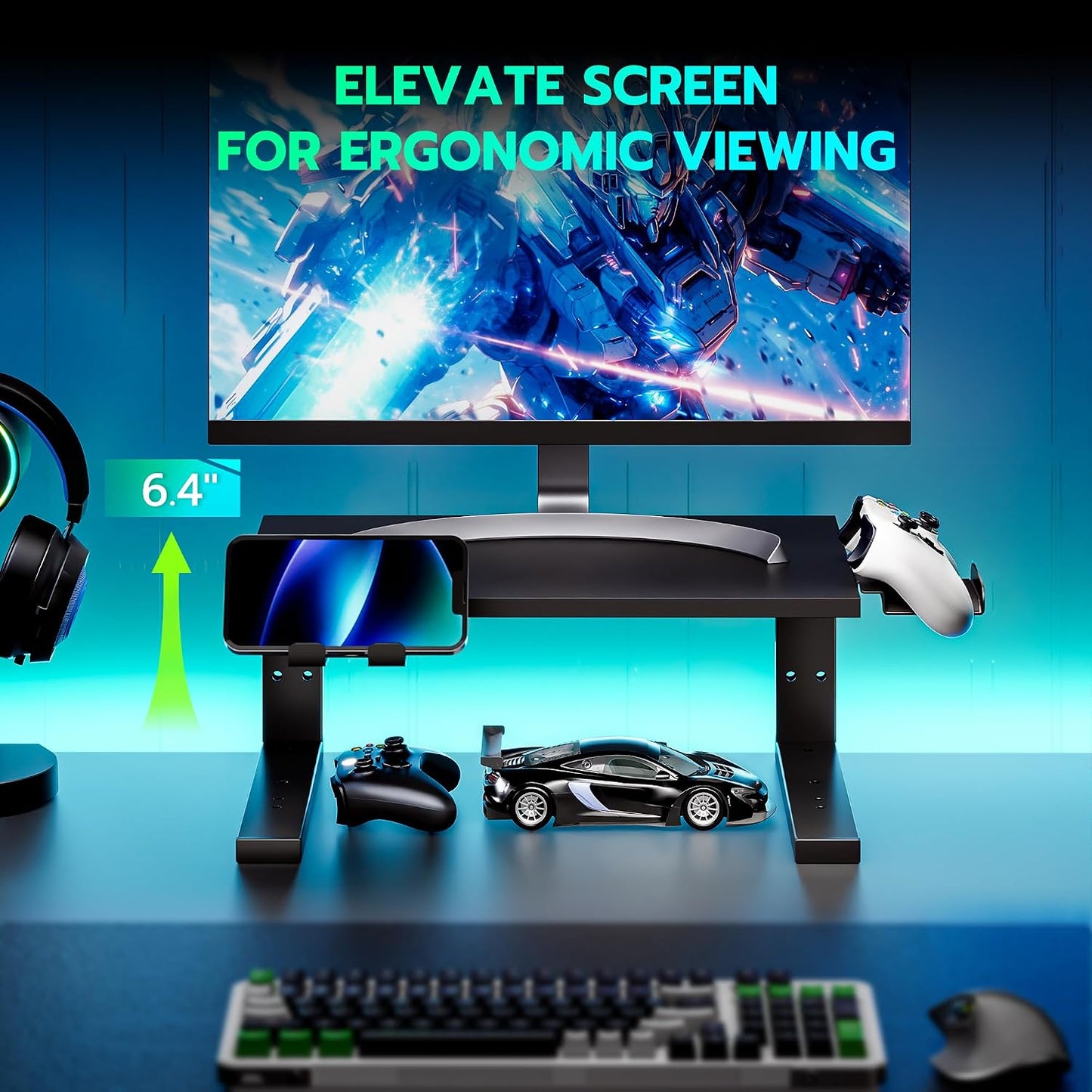 ARES WING Clamp-On 15" 3-in-1 Heavy Duty Desk Shelf Extender Black | Phone Headset holder Clamp Desk Extender