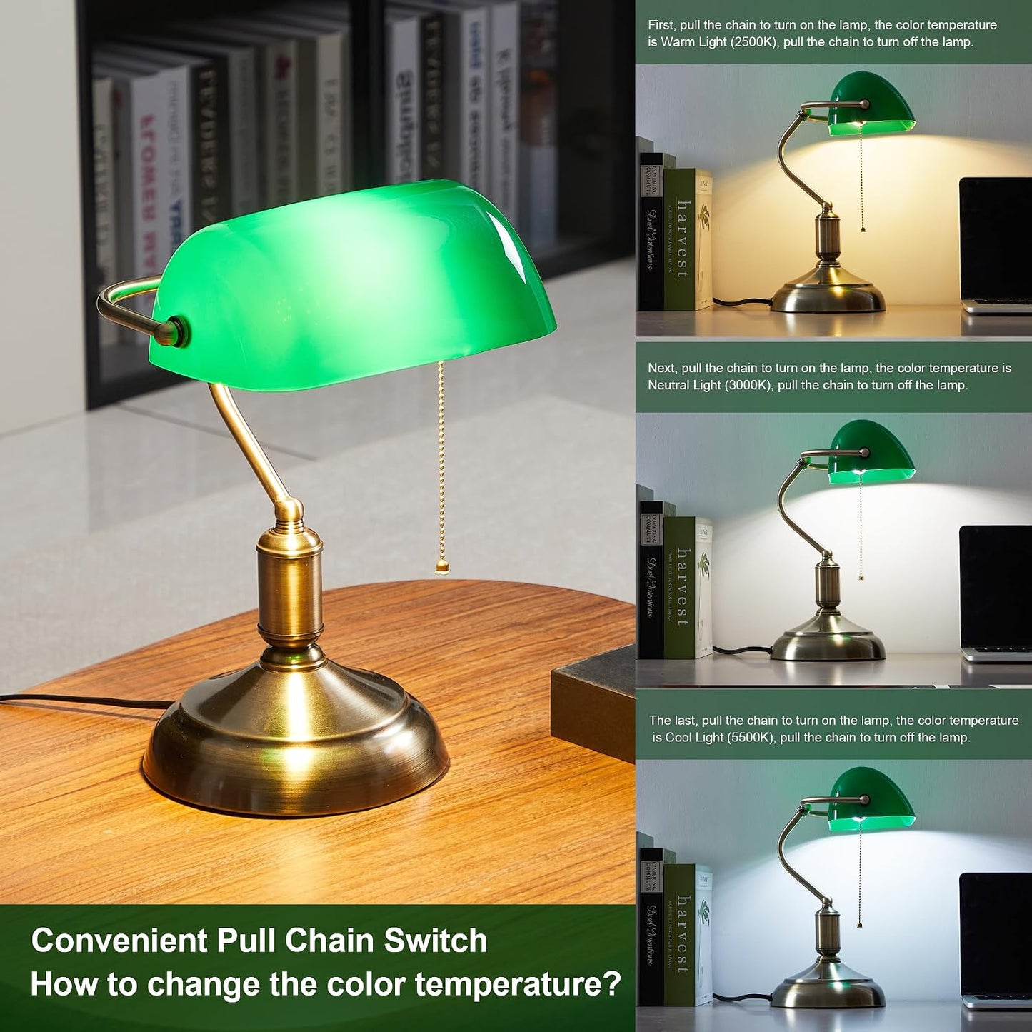 Bankers Lamp, Green Desk Lamp with Pull Chain Switch, 3 Lighting Color Mid Century Banker's Desk Light for Home Office