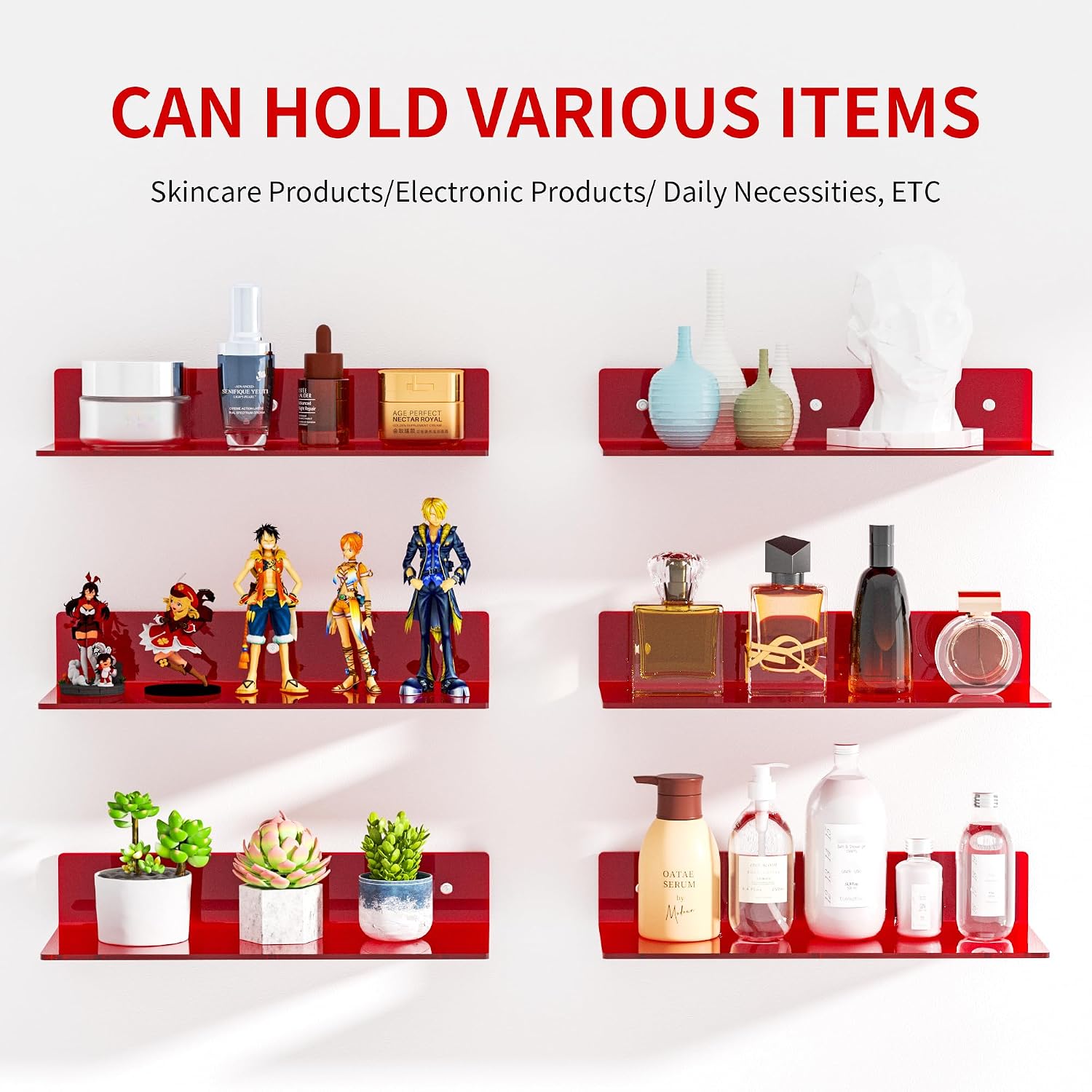 Sezanrpt 15 Inches Red Acrylic Shelves, Wall Mounted Shelves for Bedroom, Wall Display Shelves for Collectibles, Funko