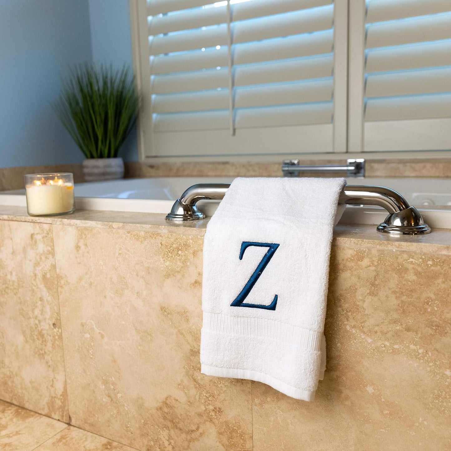 White with Navy Monogrammed Hand Towels for Bathroom - Set of 2 Letter Z | Luxury Hotel Quality Initial Towels For