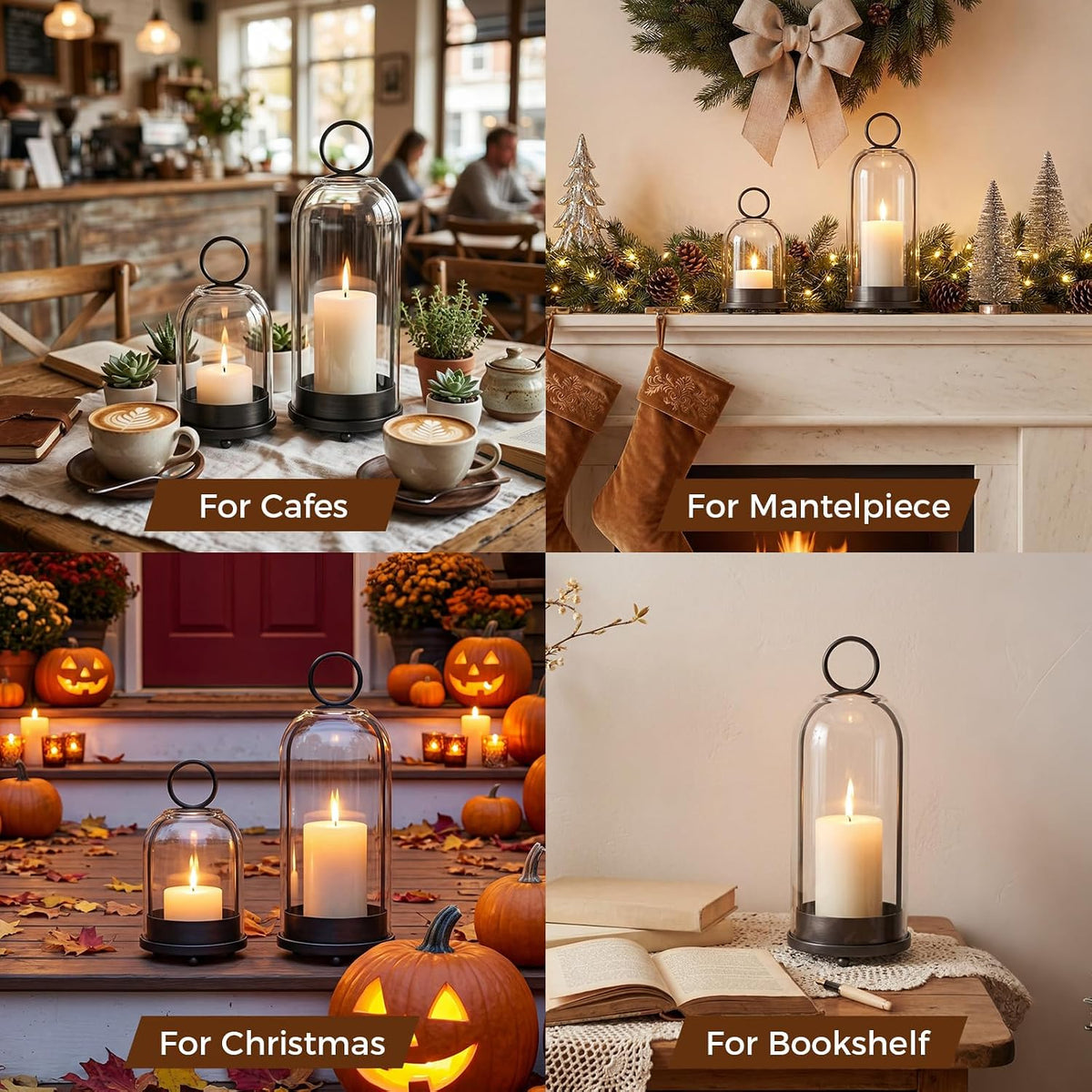 5"&4" Hurricane Glass Candle Holders, Hanging Black Metal Candle Holder | Glass Candlestick Holders for Pillar Candles